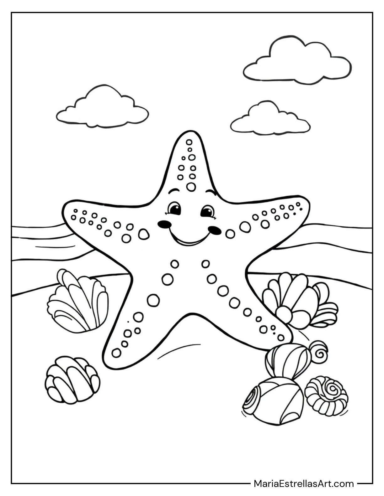 Bright Starfish on Sand for Kids to Color Cute Animals Coloring Page