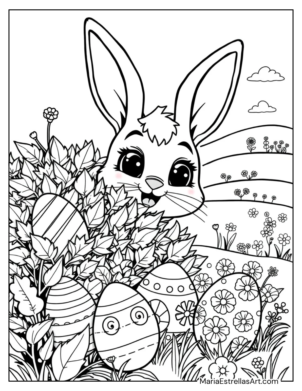 Bunny Hiding Easter Eggs Behind a Bush