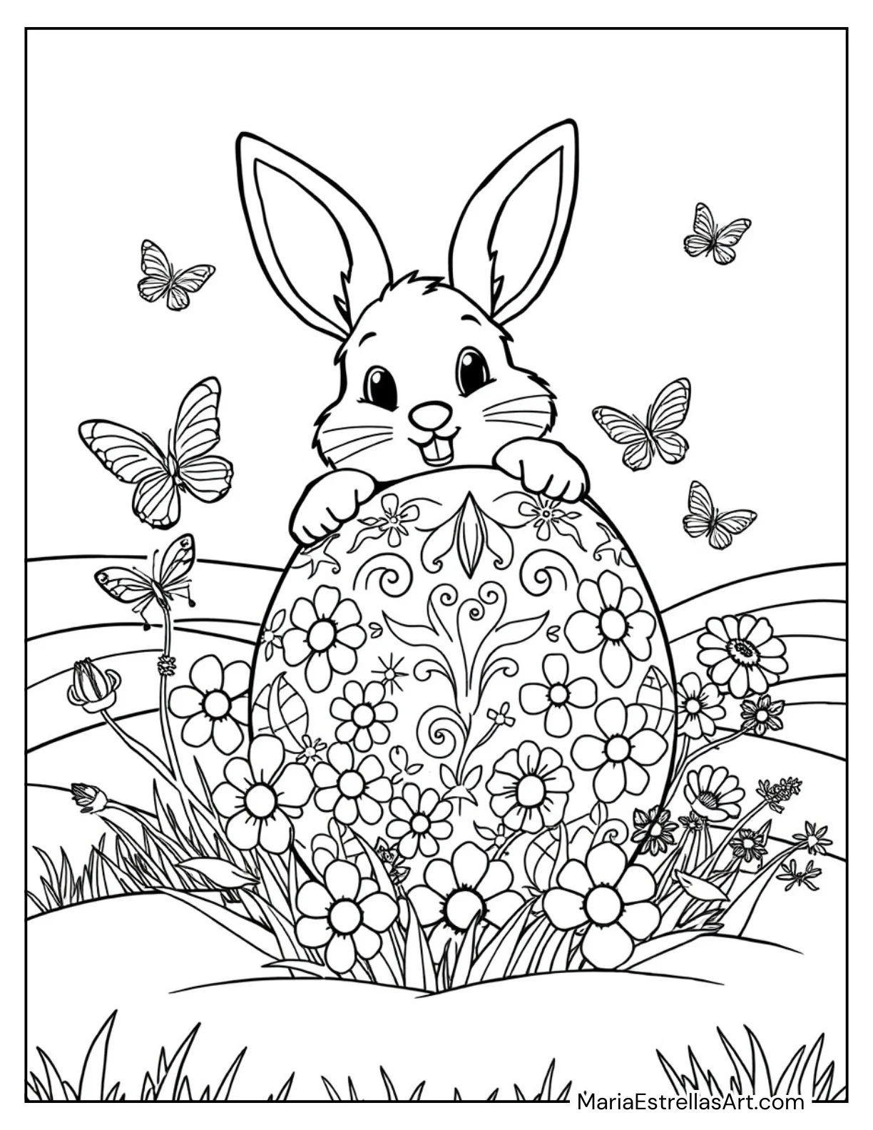 Bunny Peeking Out of an Easter Egg for Kids to Color