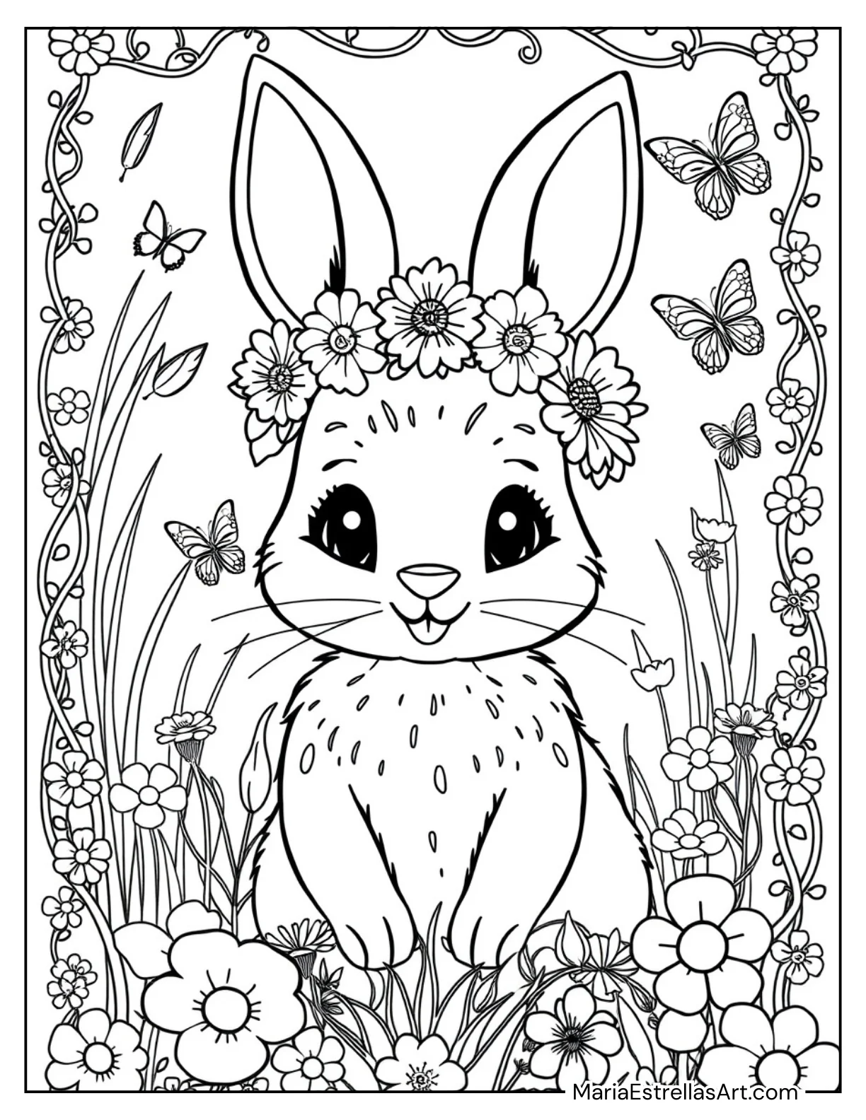 Bunny Wearing a Flower Crown Coloring Page