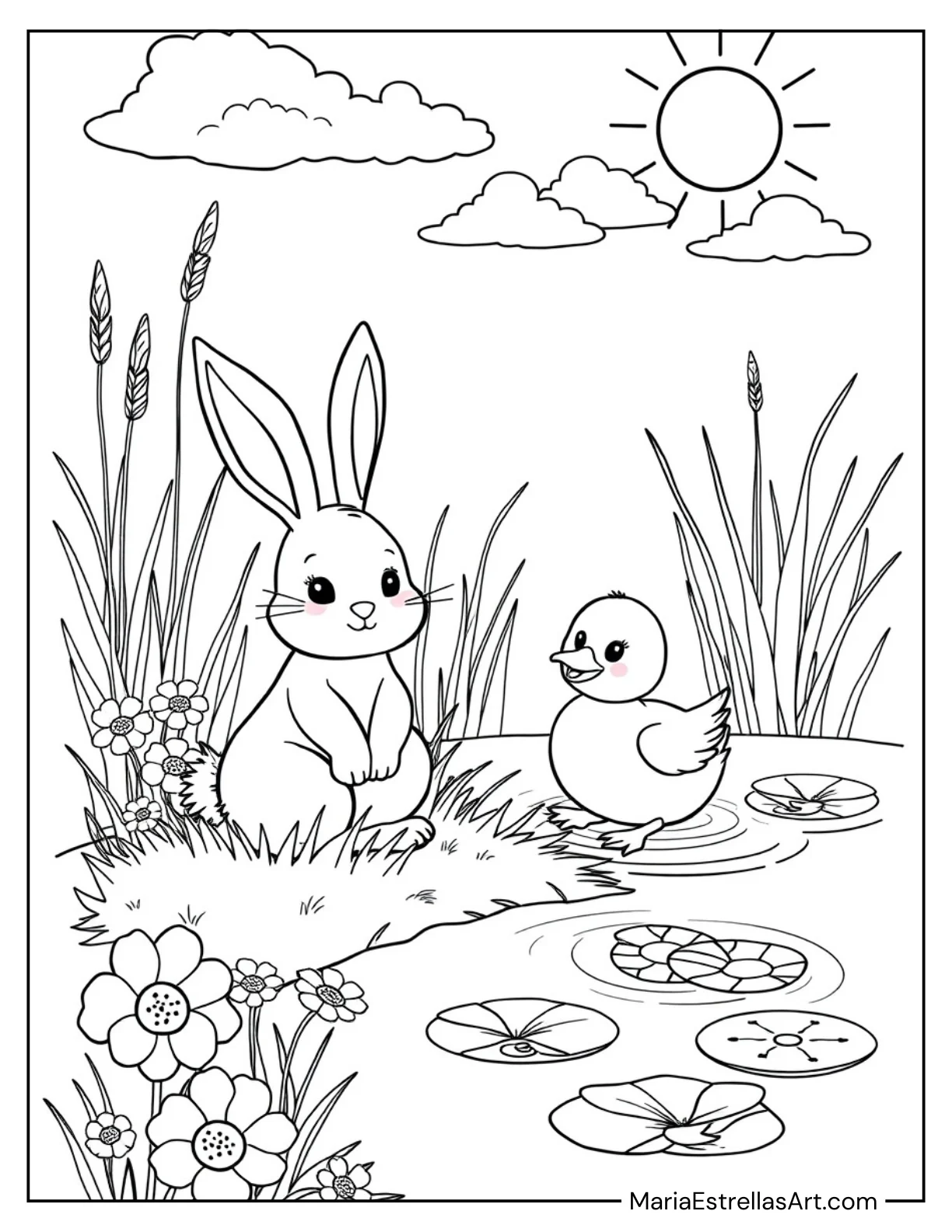 Bunny and Duckling in a Spring Pond