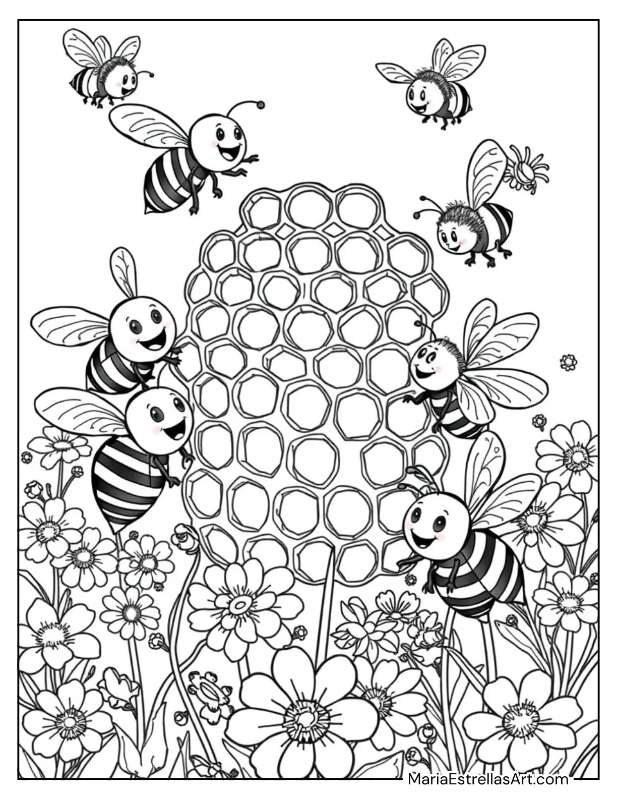 Buzzing Bees and Honeycomb Spring Coloring Sheet