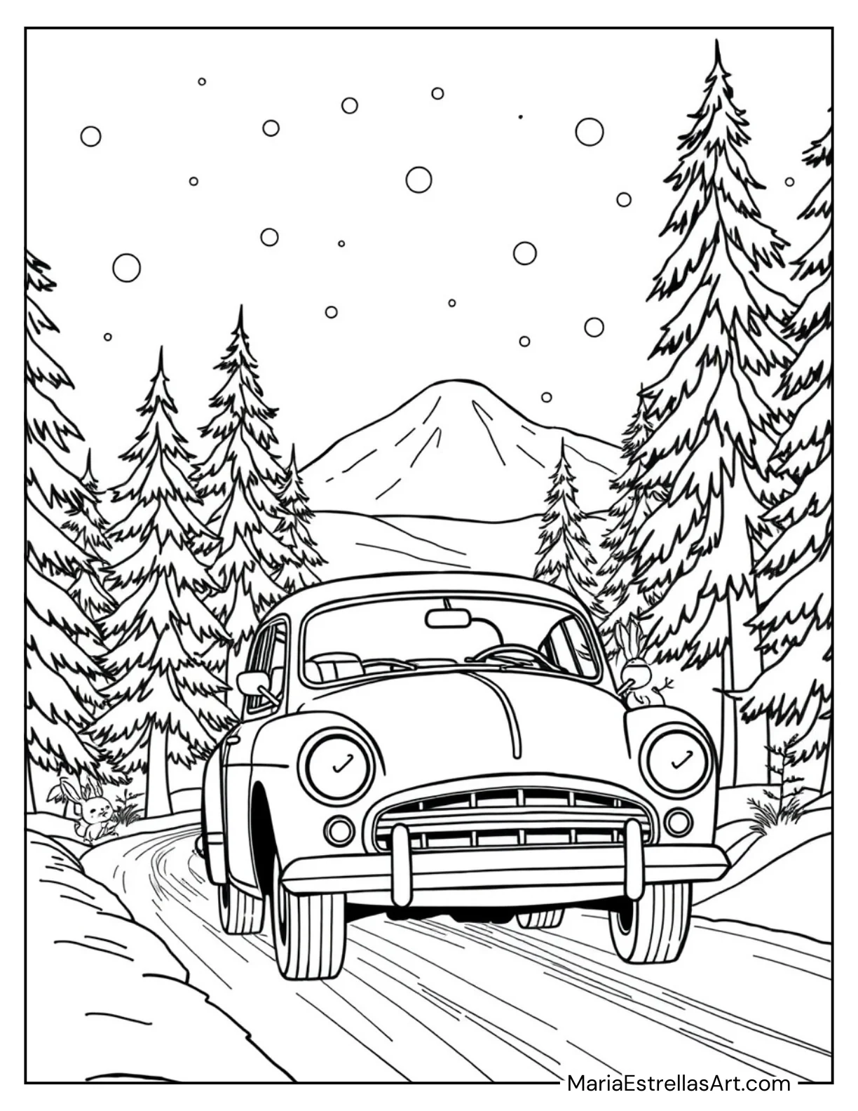 Car Driving Through a Snowy Forest Scene