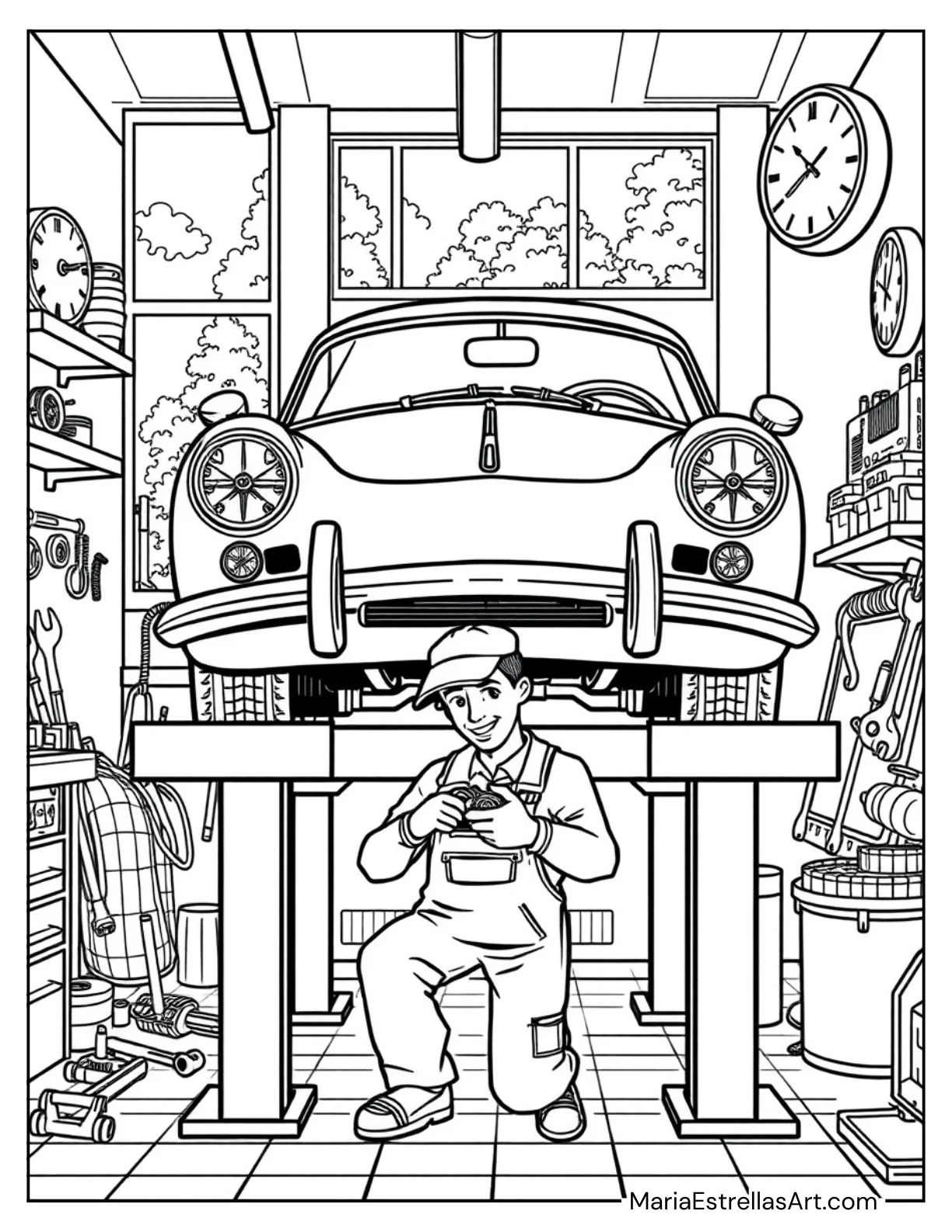 Car in a Garage Being Fixed With Tools Around Coloring Page