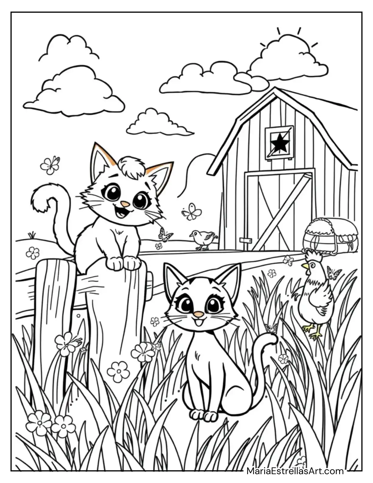 Cartoon Cats on a Farm Coloring Page