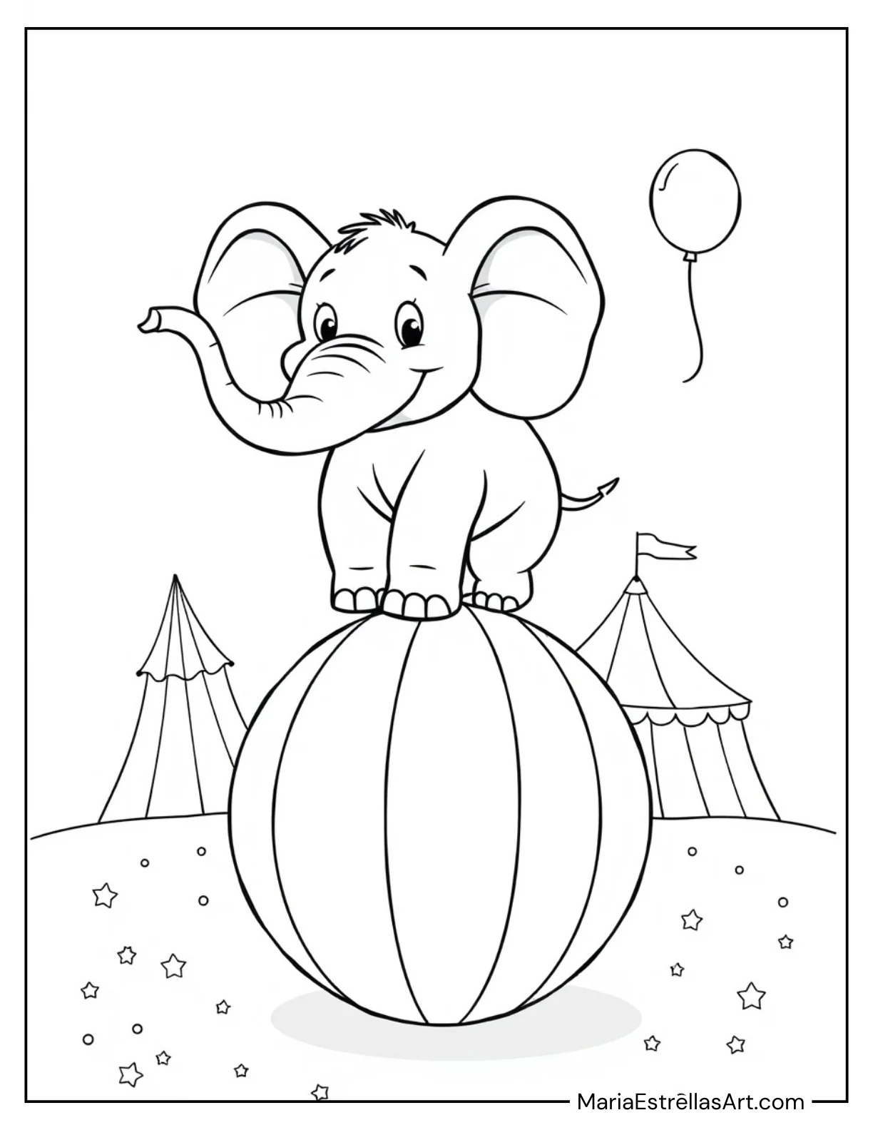 Cartoon Elephant Balancing on a Ball to Color for Kids