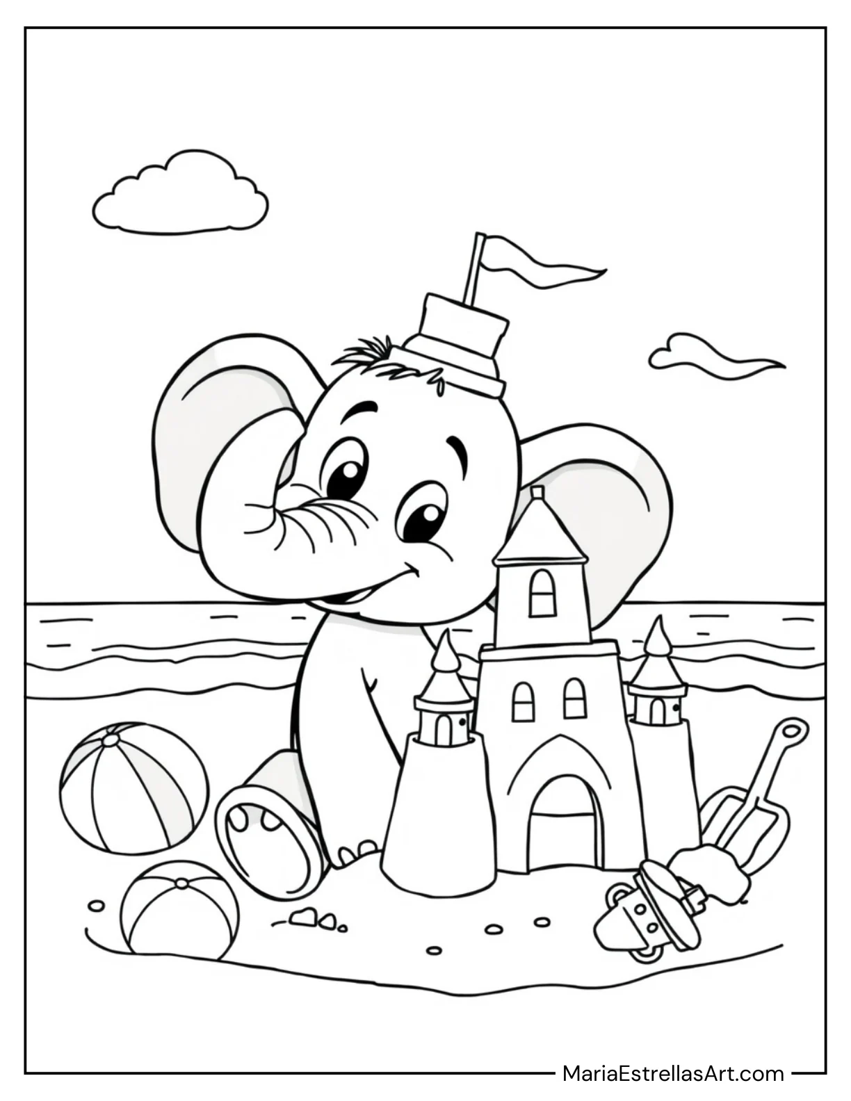 Cartoon Elephant Building a Sandcastle