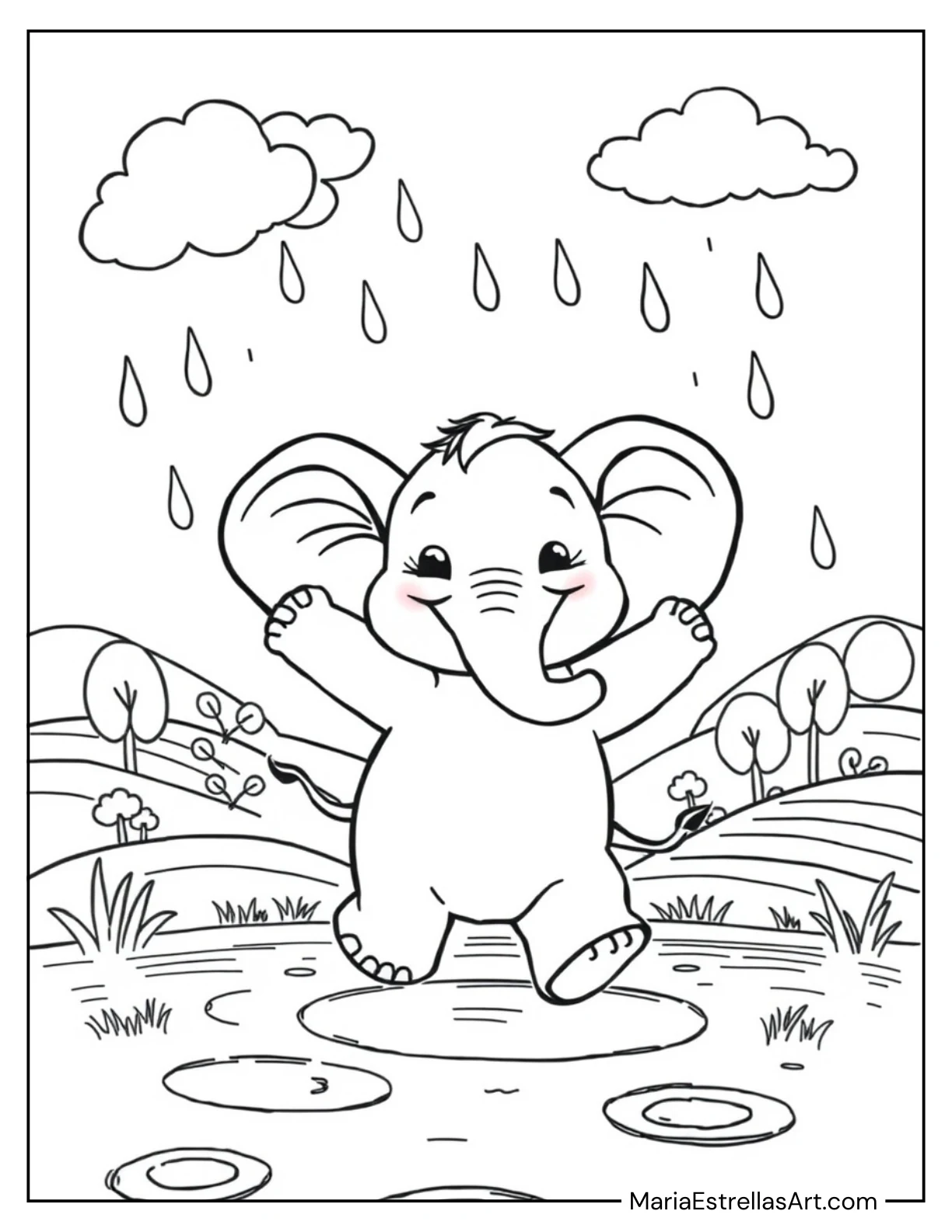 Cartoon Elephant Dancing in the Rain Coloring Page