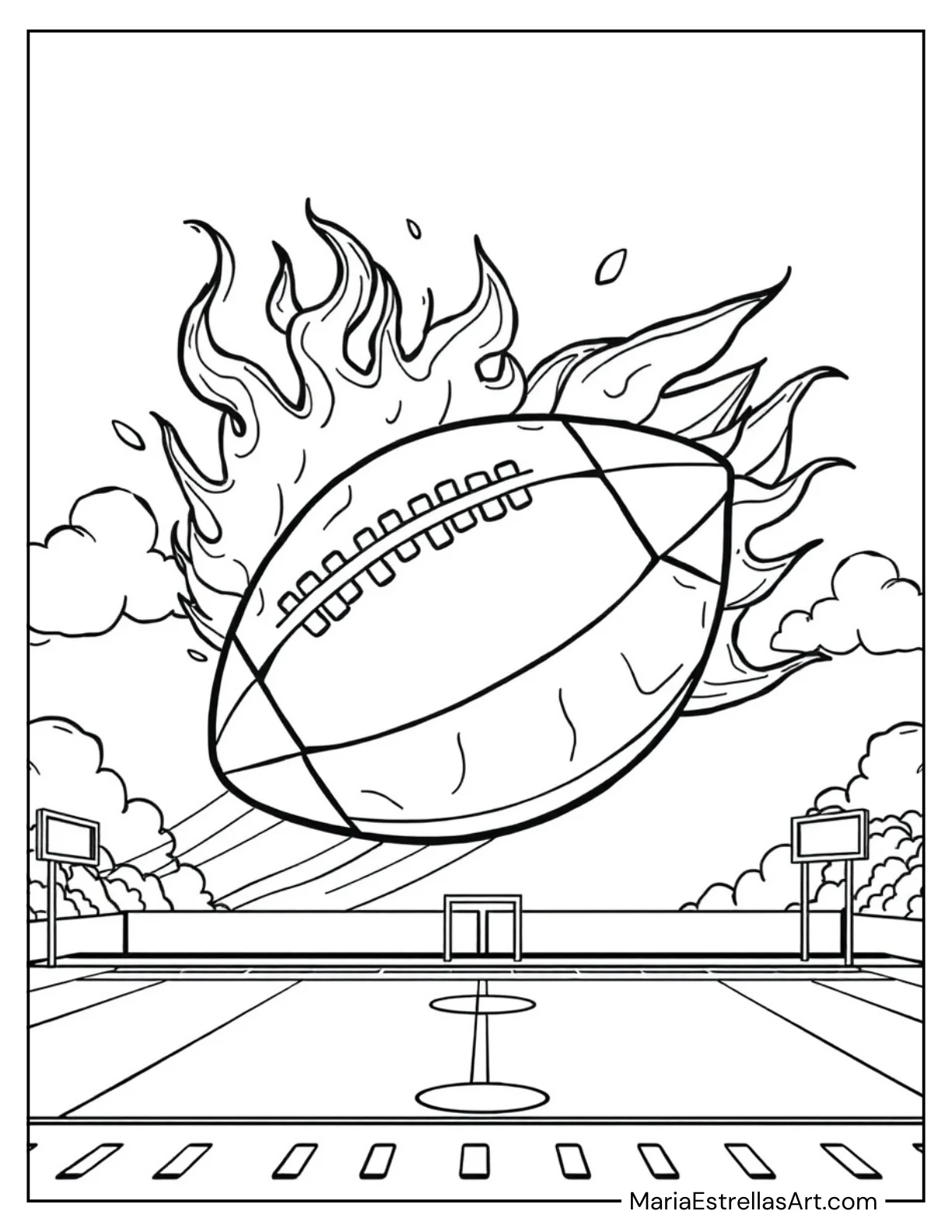 Cartoon Football With Flames and Speed Trails Coloring Page