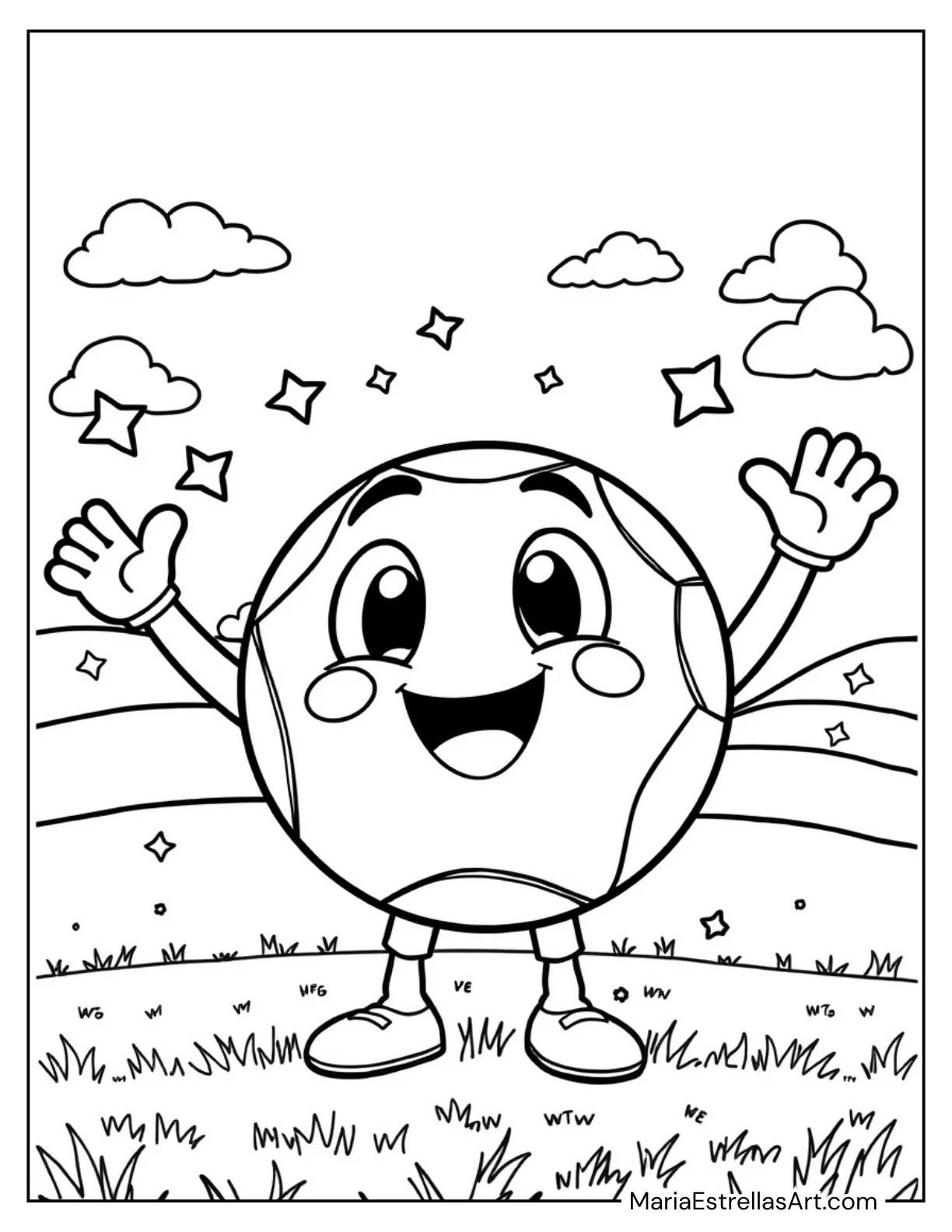 Cartoon Football With a Happy Face and Arms Raised Coloring Page