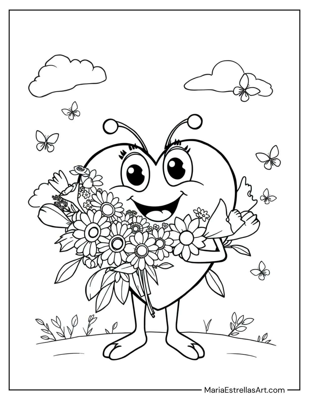 Cartoon Heart Holding a Bouquet of Flowers