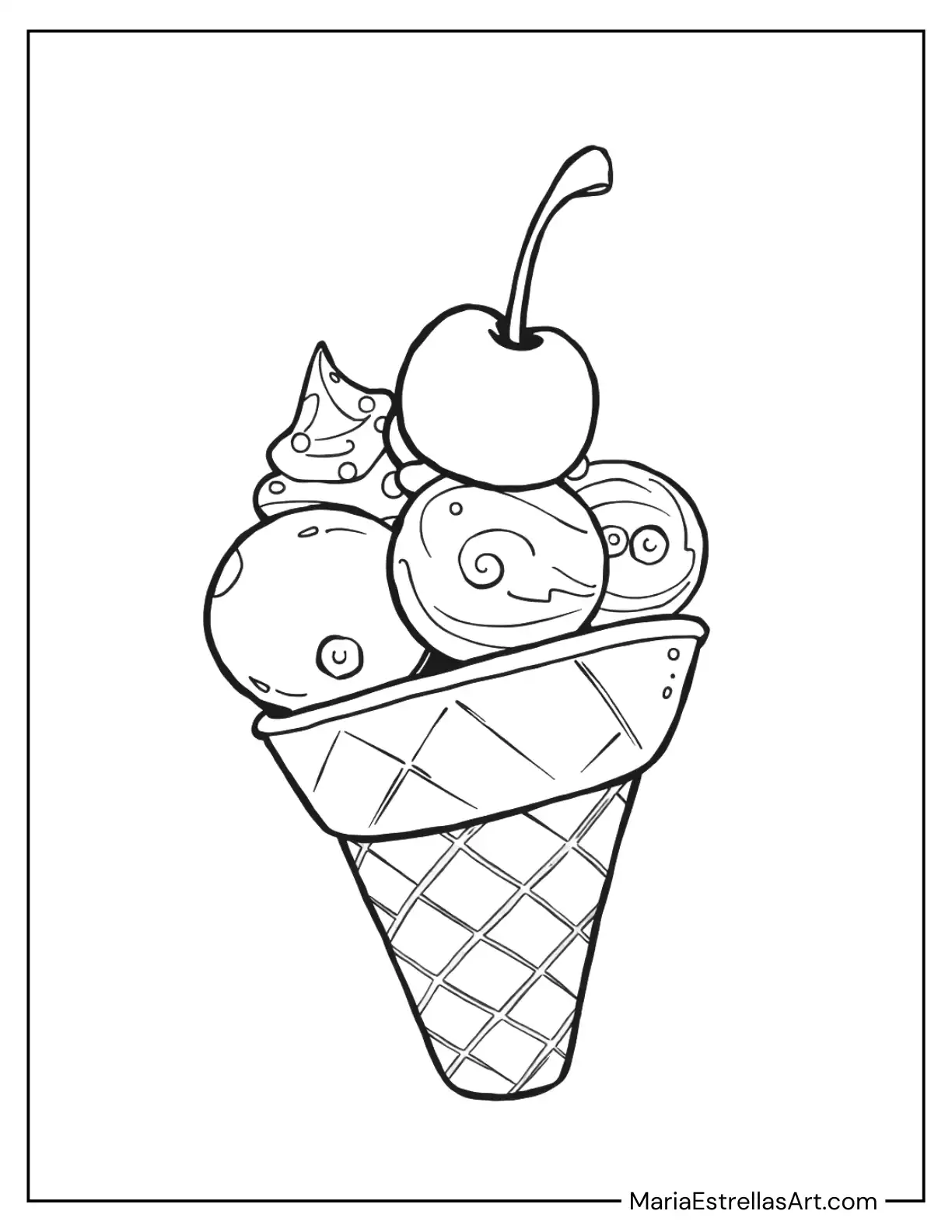 Cartoon Ice Cream Cone With a Cherry on Top Coloring Page