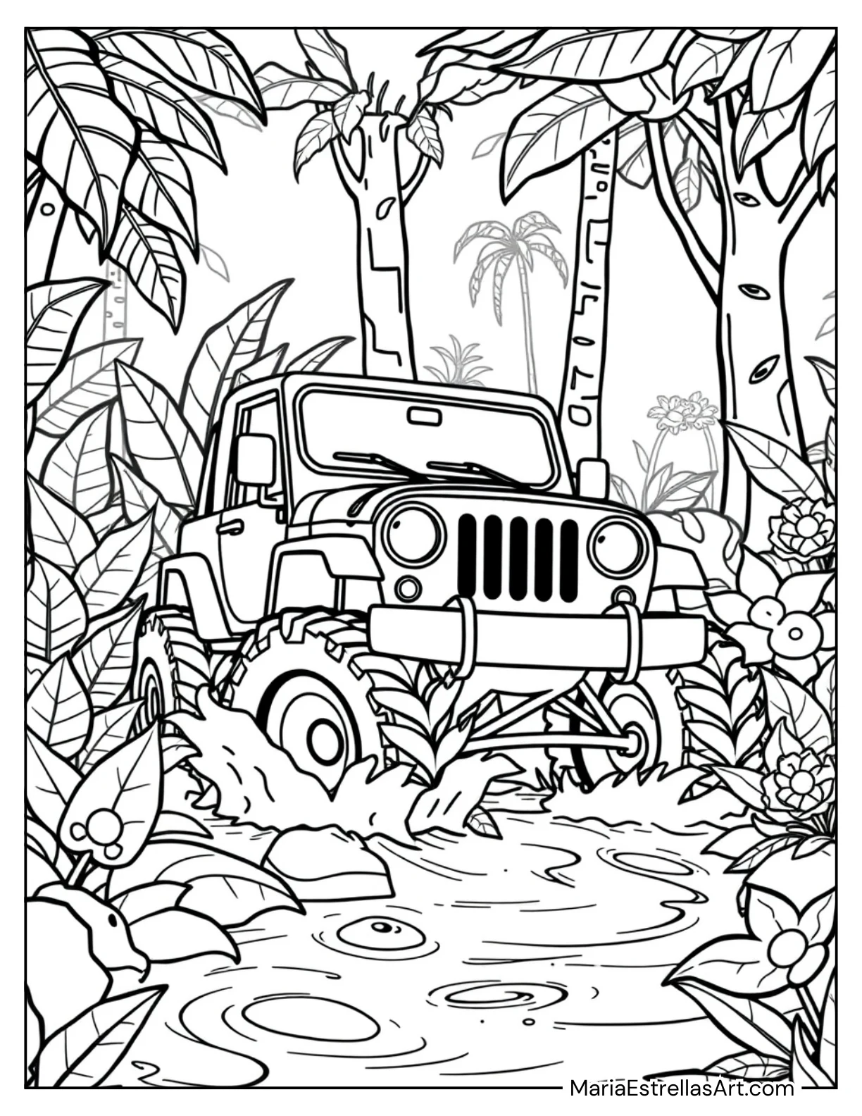 Cartoon Jeep Crossing a Shallow Stream in a Jungle