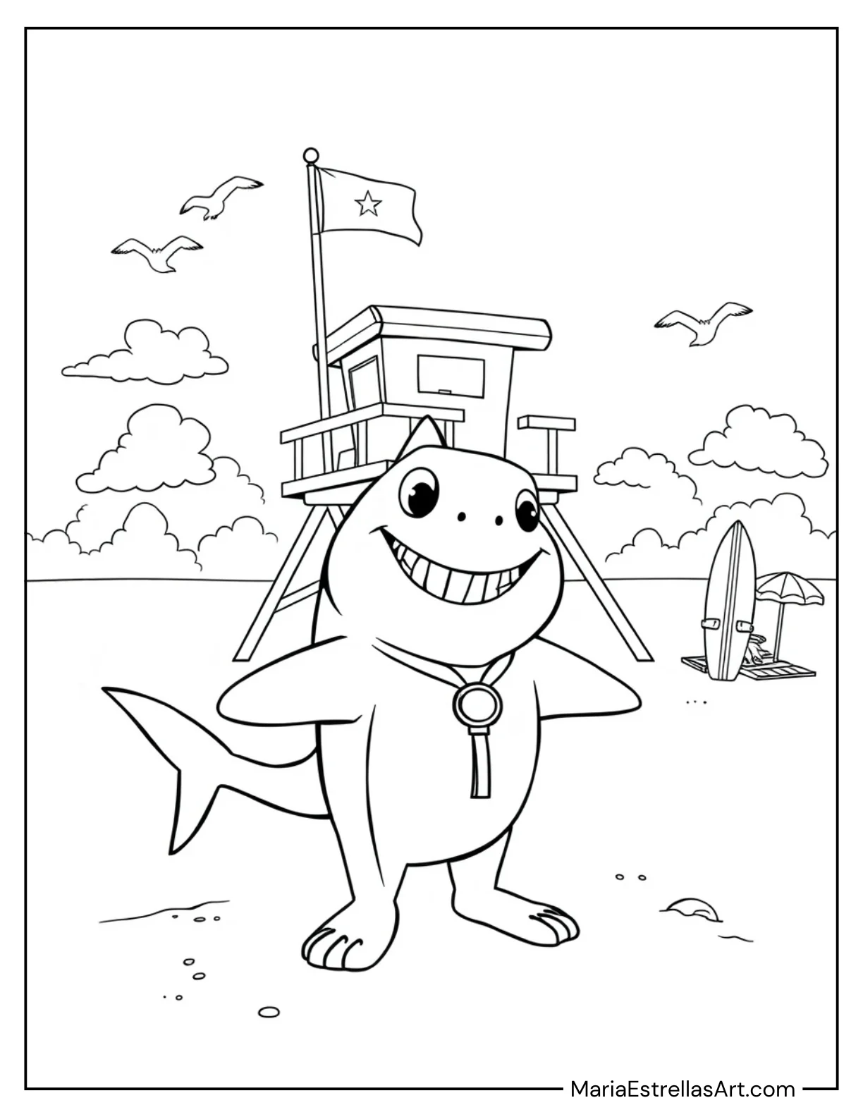 Cartoon Shark Dressed as a Lifeguard Coloring Page