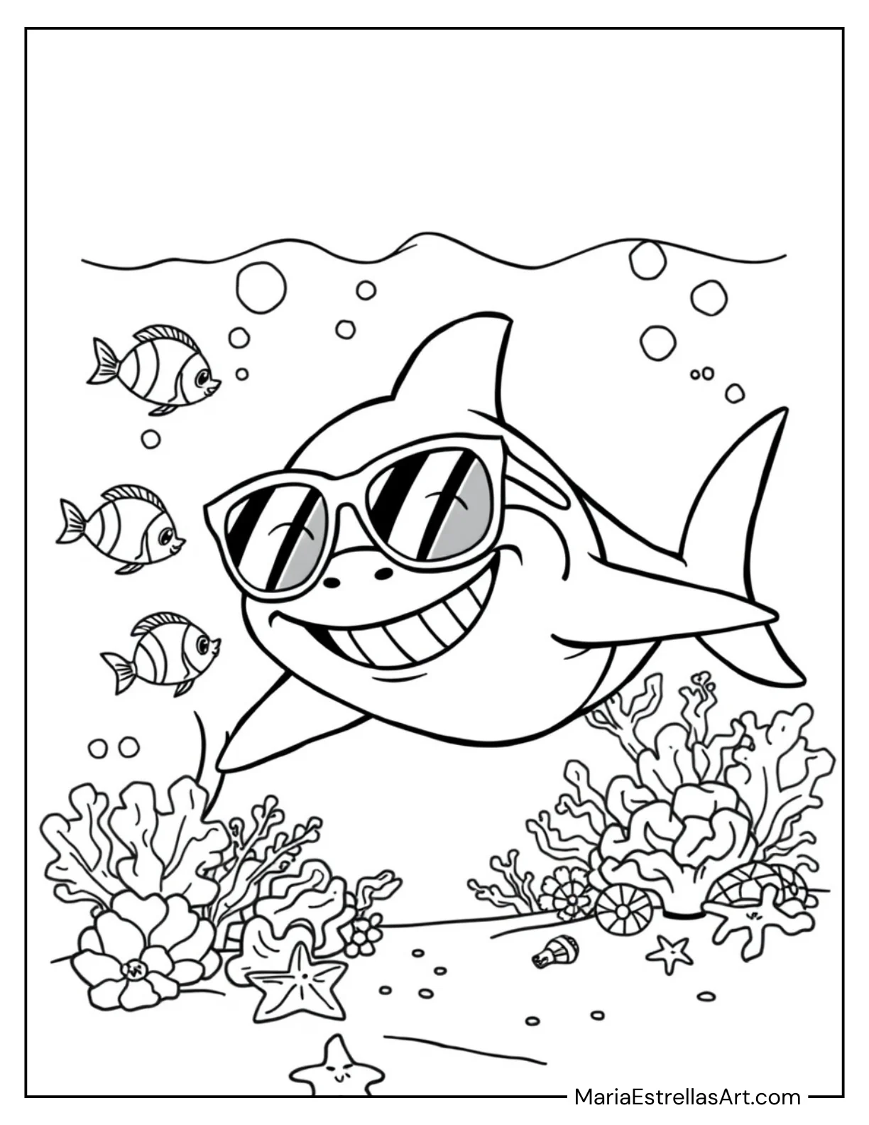 Cartoon Shark Wearing Sunglasses Coloring Page