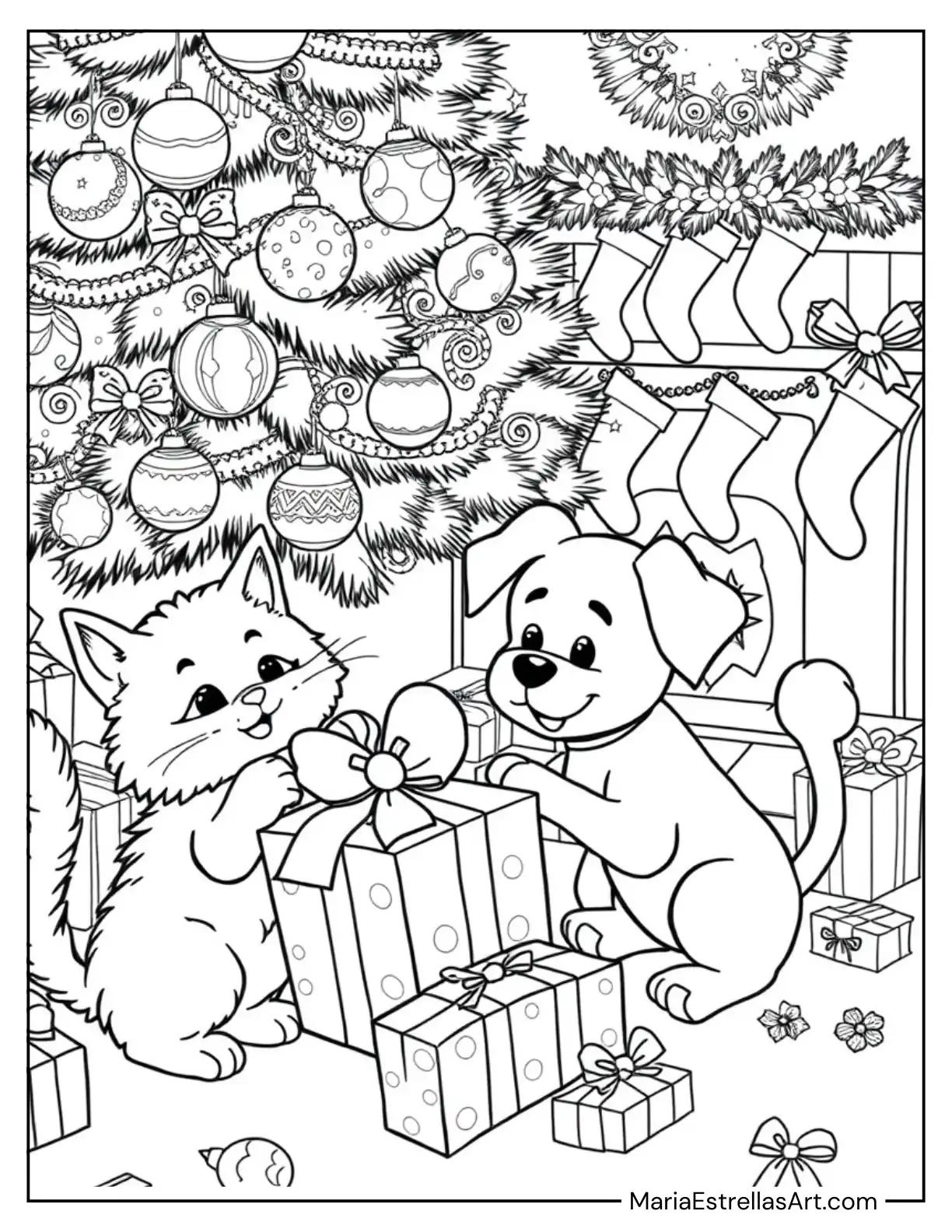 Cat and Dog Playing Gifts Under the Christmas Tree