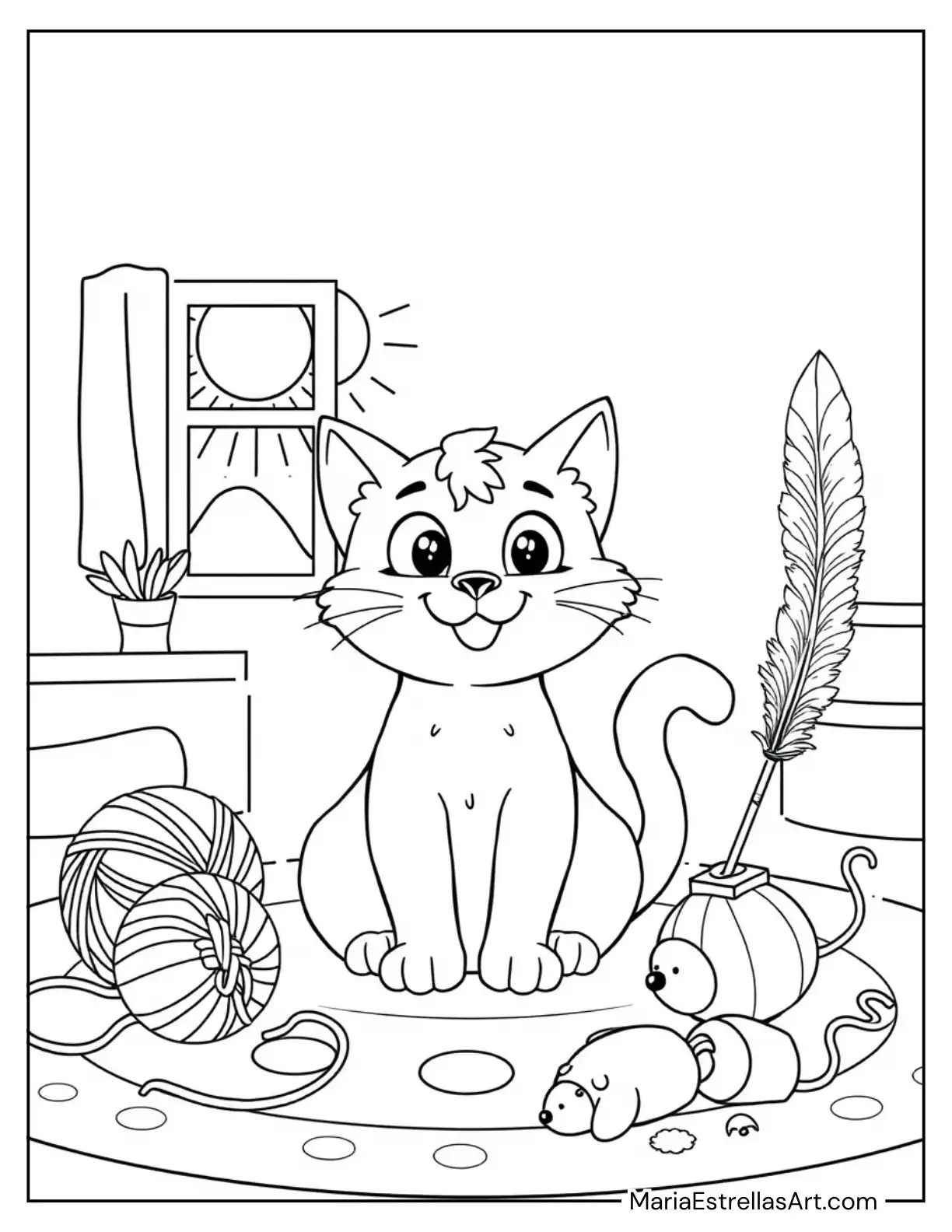 Cat and Its Favorite Toys Coloring Page