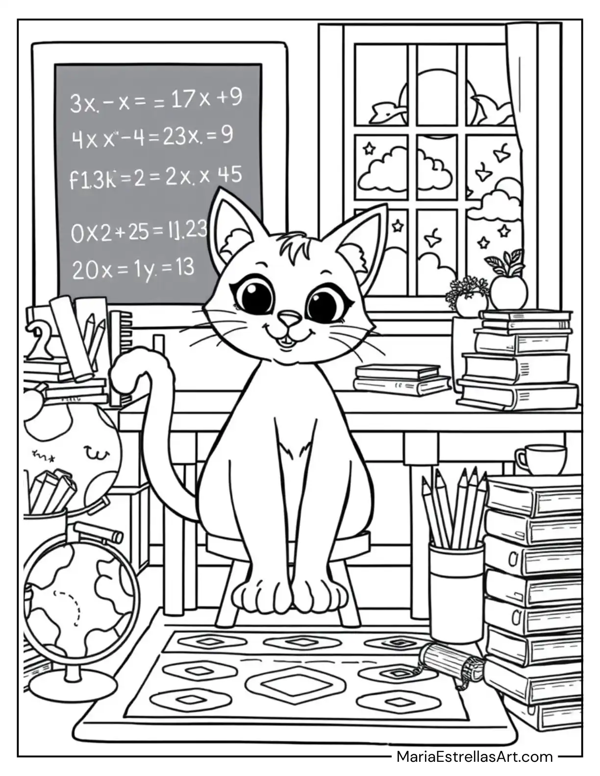 Cat at School Fun and Learning Coloring Page