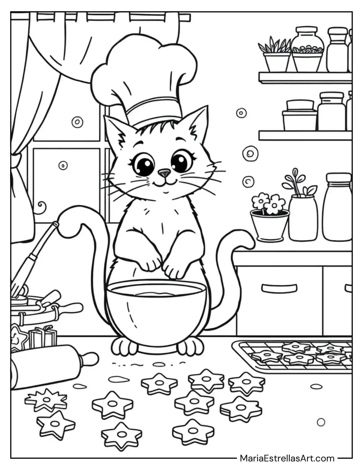 Cat in the Kitchen Baking Coloring Page