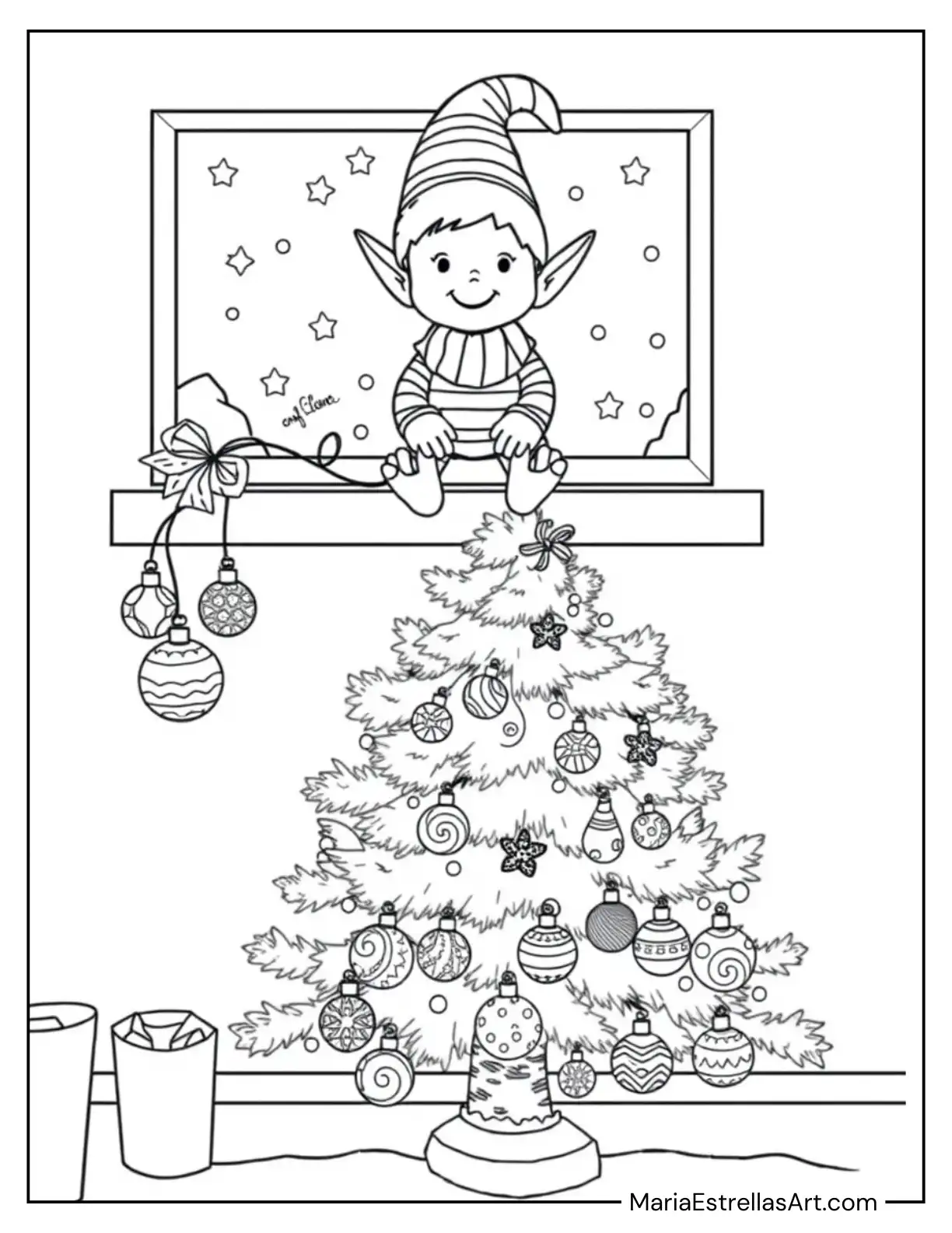 Charming Elf On The Shelf By a Sparkling Christmas Tree Coloring Page