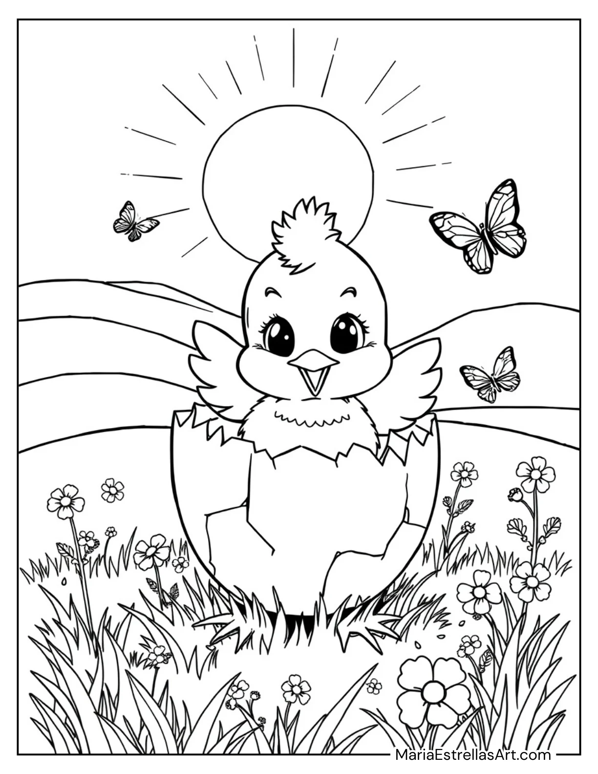 Cheerful Chick Hatching Coloring Sheet Cute Animals Coloring Page