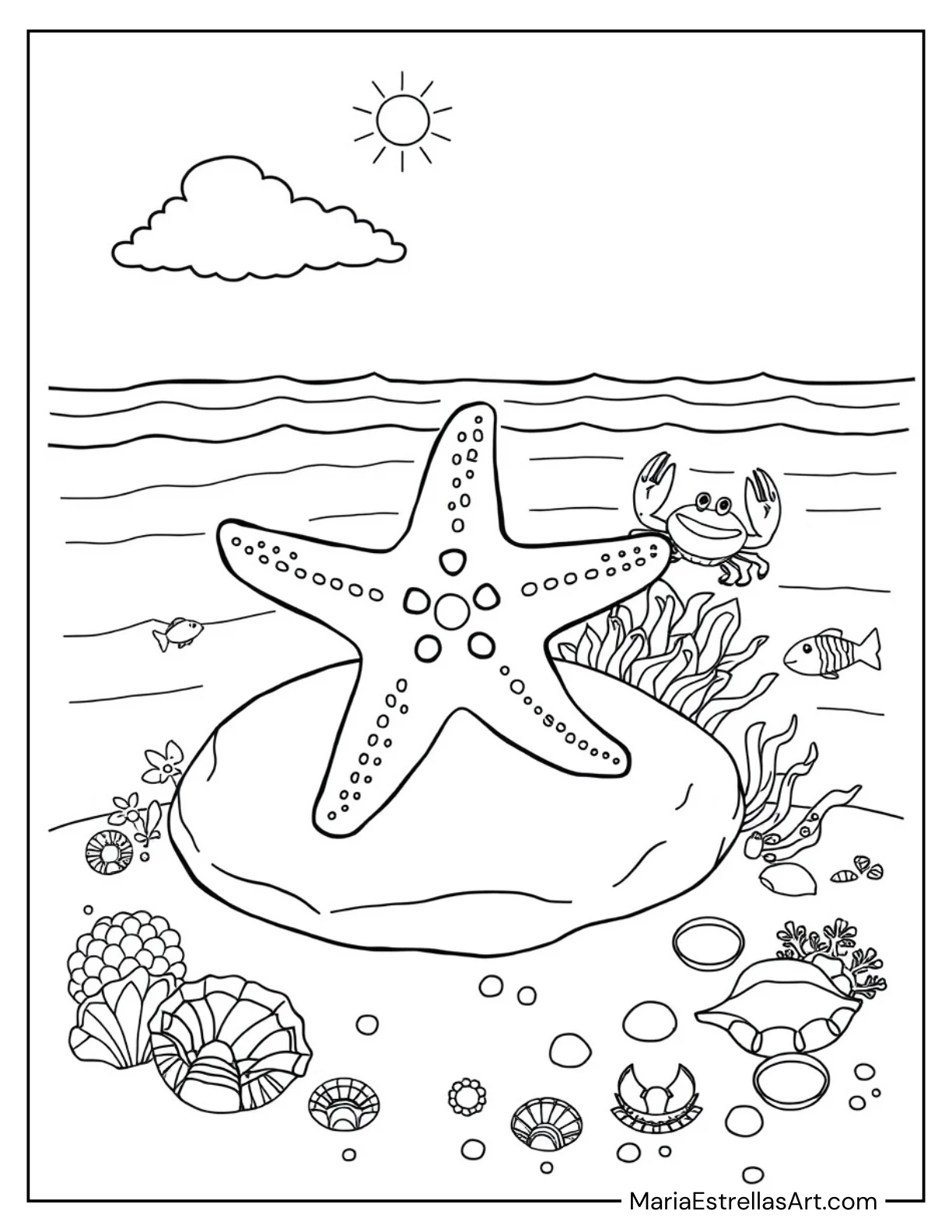 Cheerful Starfish in the Tide Pool Summer Coloring Page