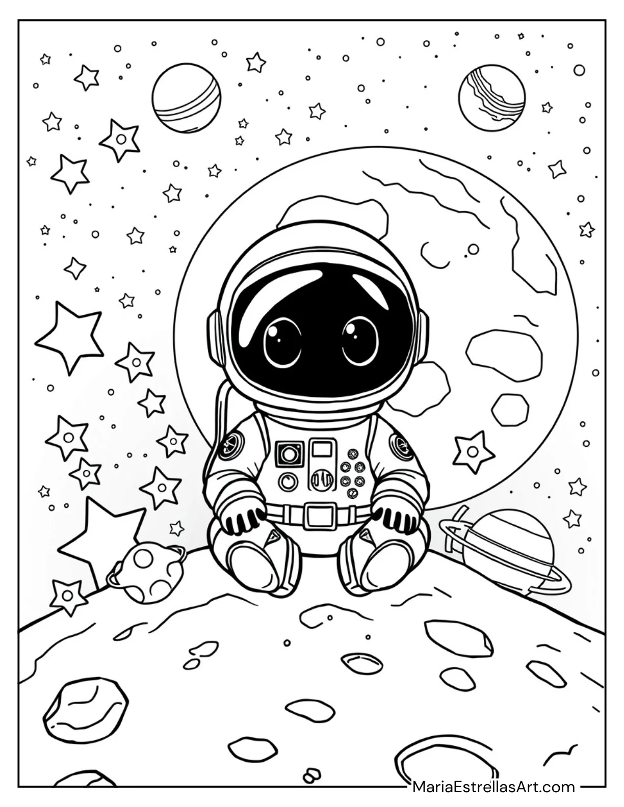 Chibi Astronaut Sitting on the Moon Coloring Sheet