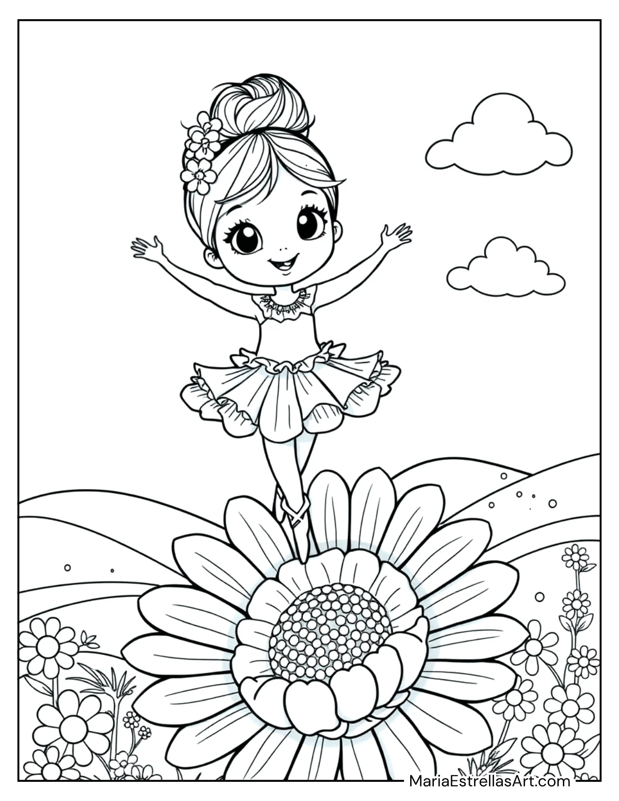 Chibi Ballerina Balancing on a Giant Daisy