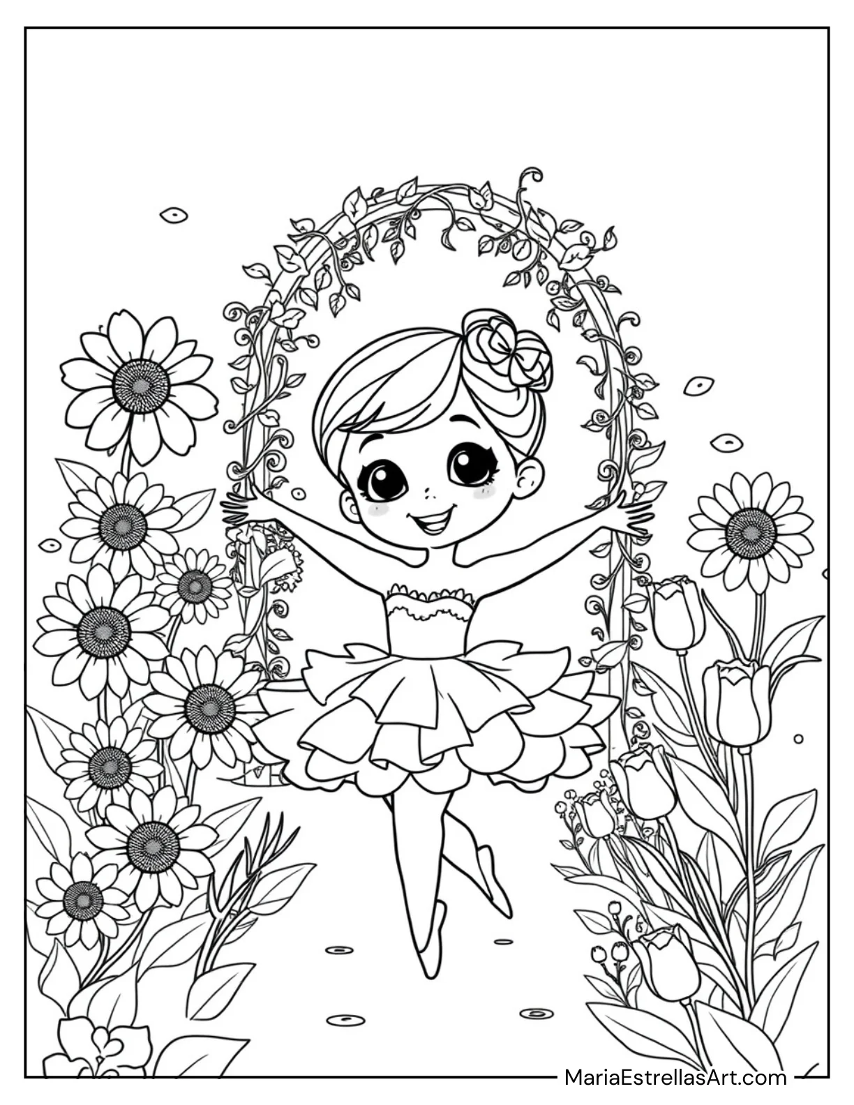 Chibi Ballerina Dancing in a Flower Garden Coloring Page