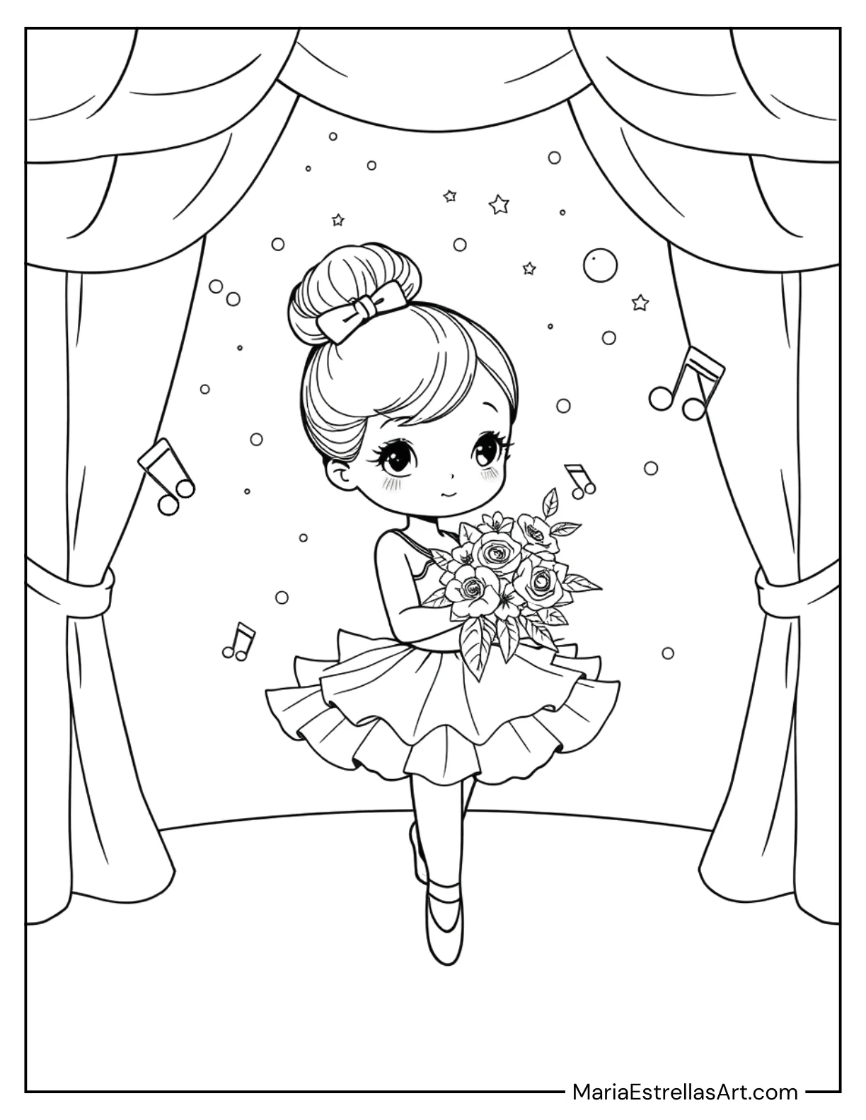 Chibi Ballerina Holding a Bouquet Coloring Page