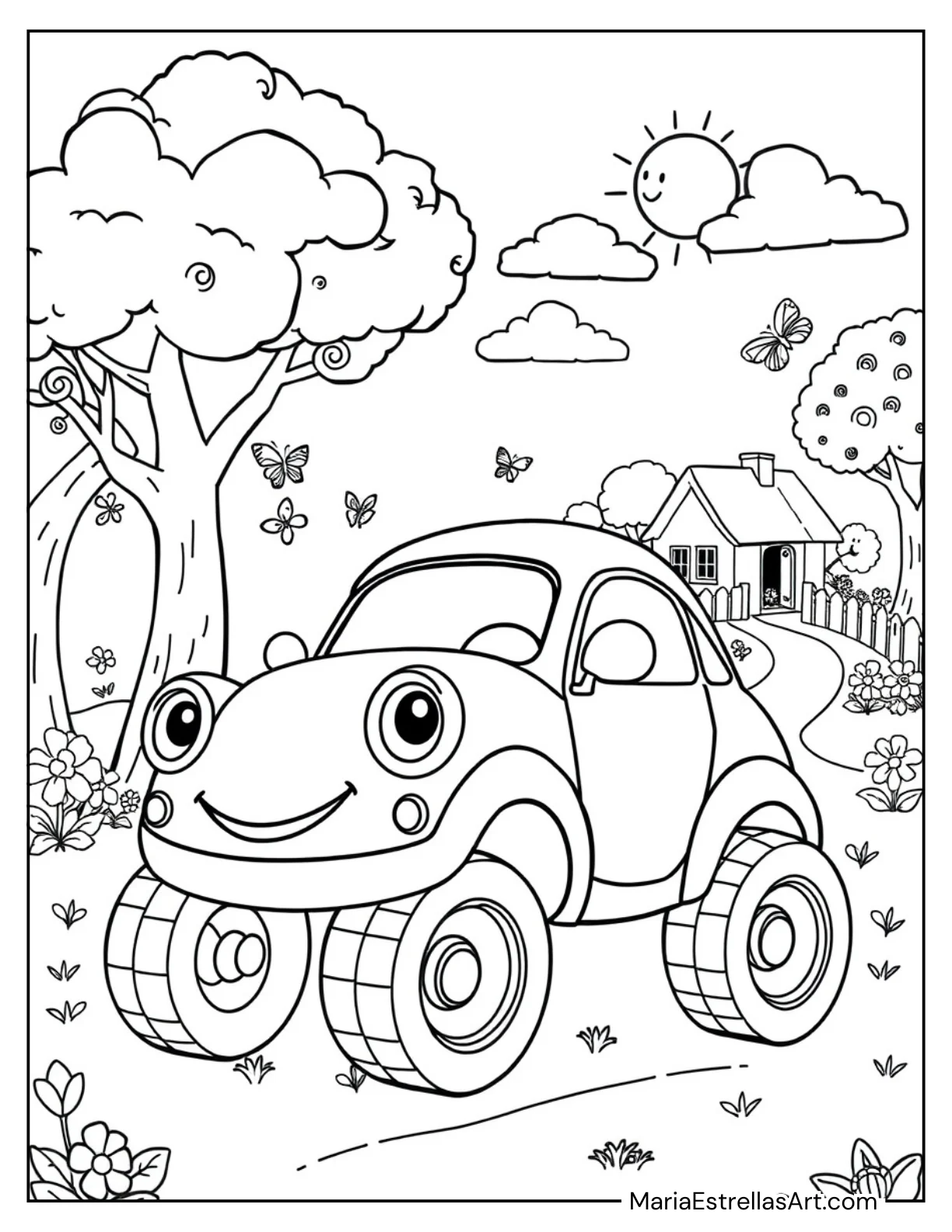 Chibi Car With Oversized Wheels and Cute Details Coloring Sheet