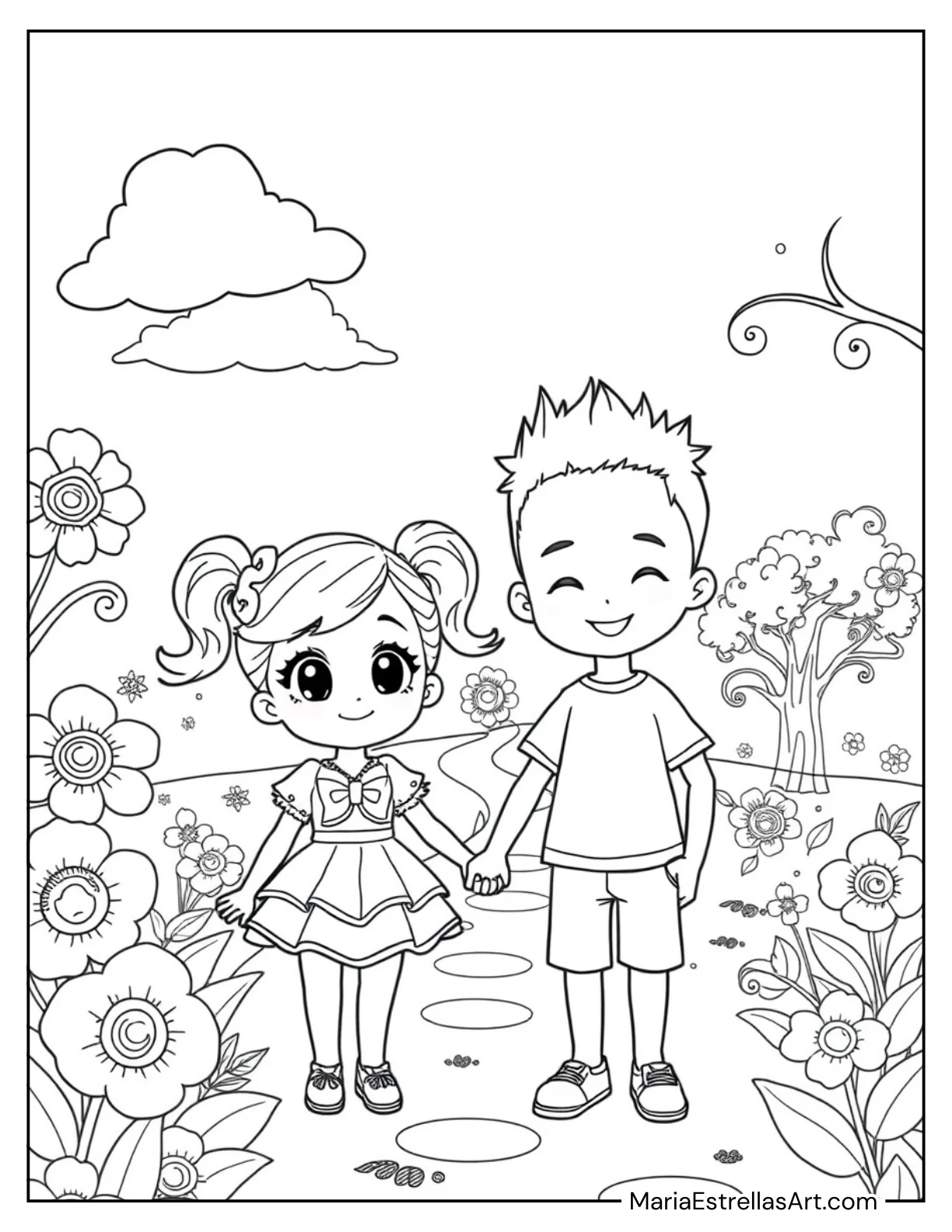 Chibi Couple Holding Hands to Color for Kids