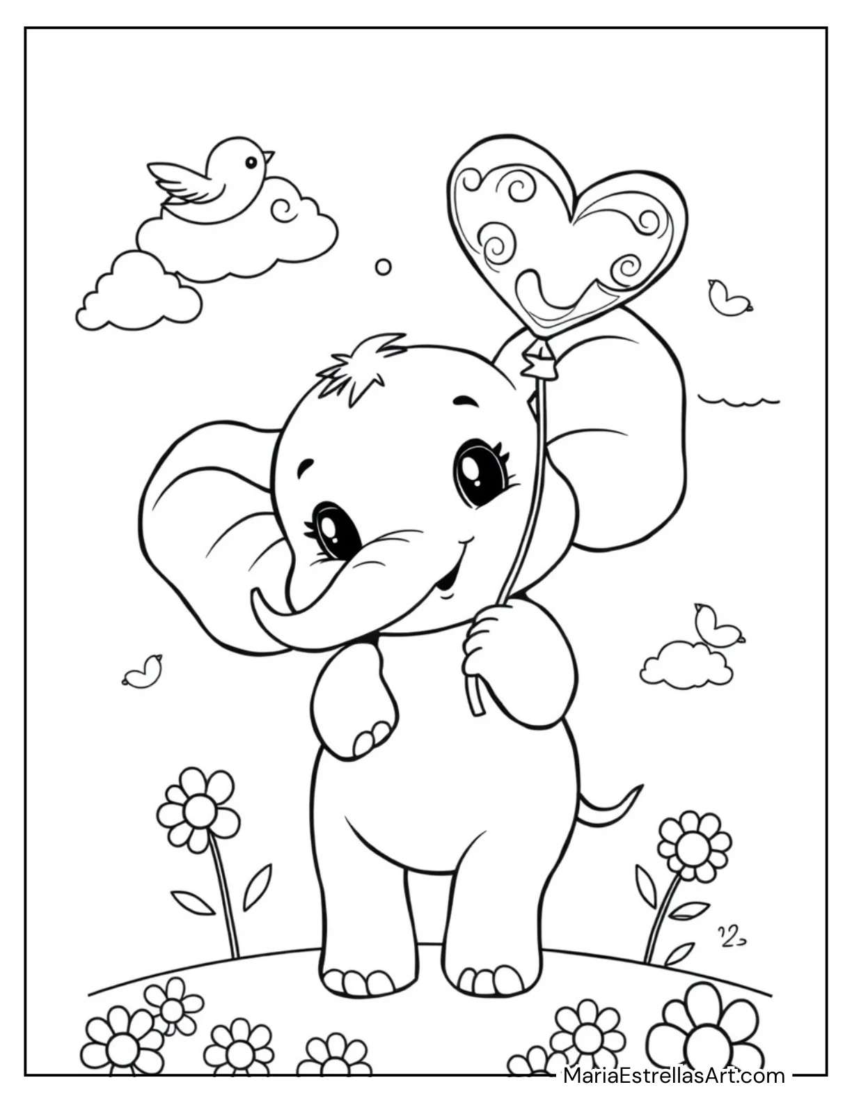 Chibi Elephant Holding a Heart-Shaped Balloon