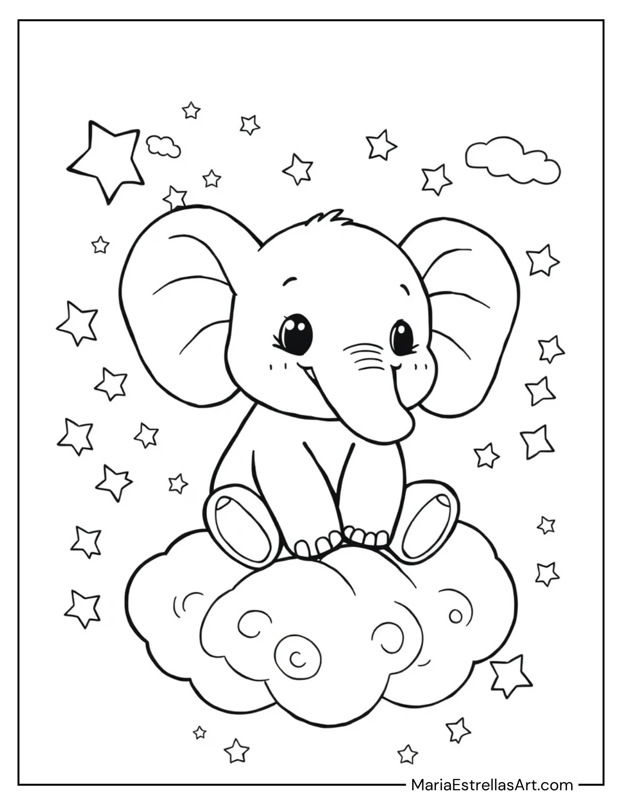 Chibi Elephant Sitting on a Cloud With Stars Coloring Page