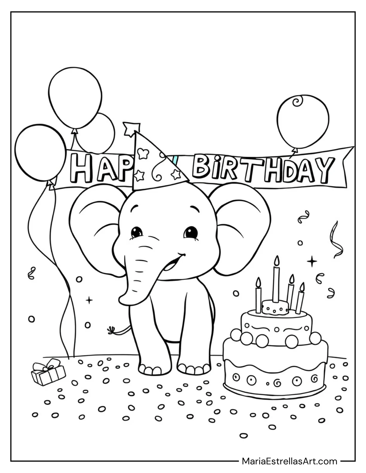 Chibi Elephant With a Party Hat Coloring Page