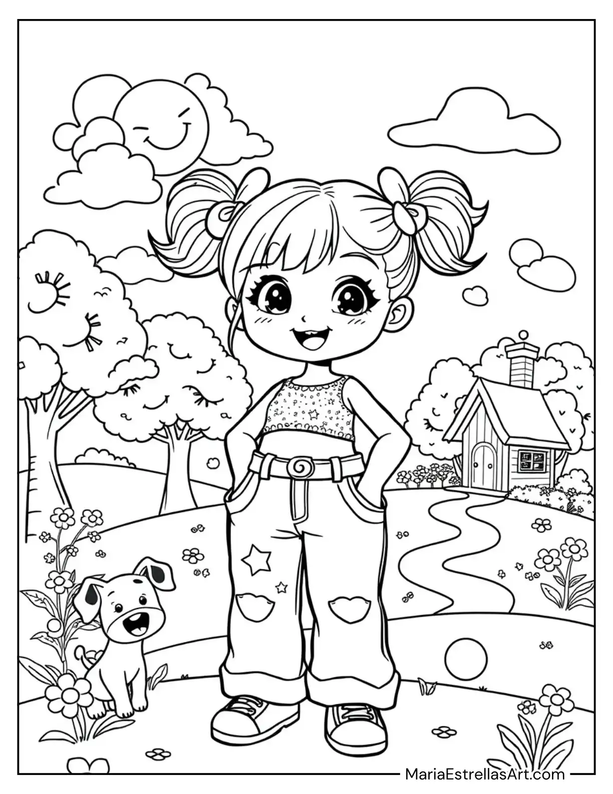 Chibi Girl in Baggy Jeans and a Glittery Crop Top Coloring Sheet