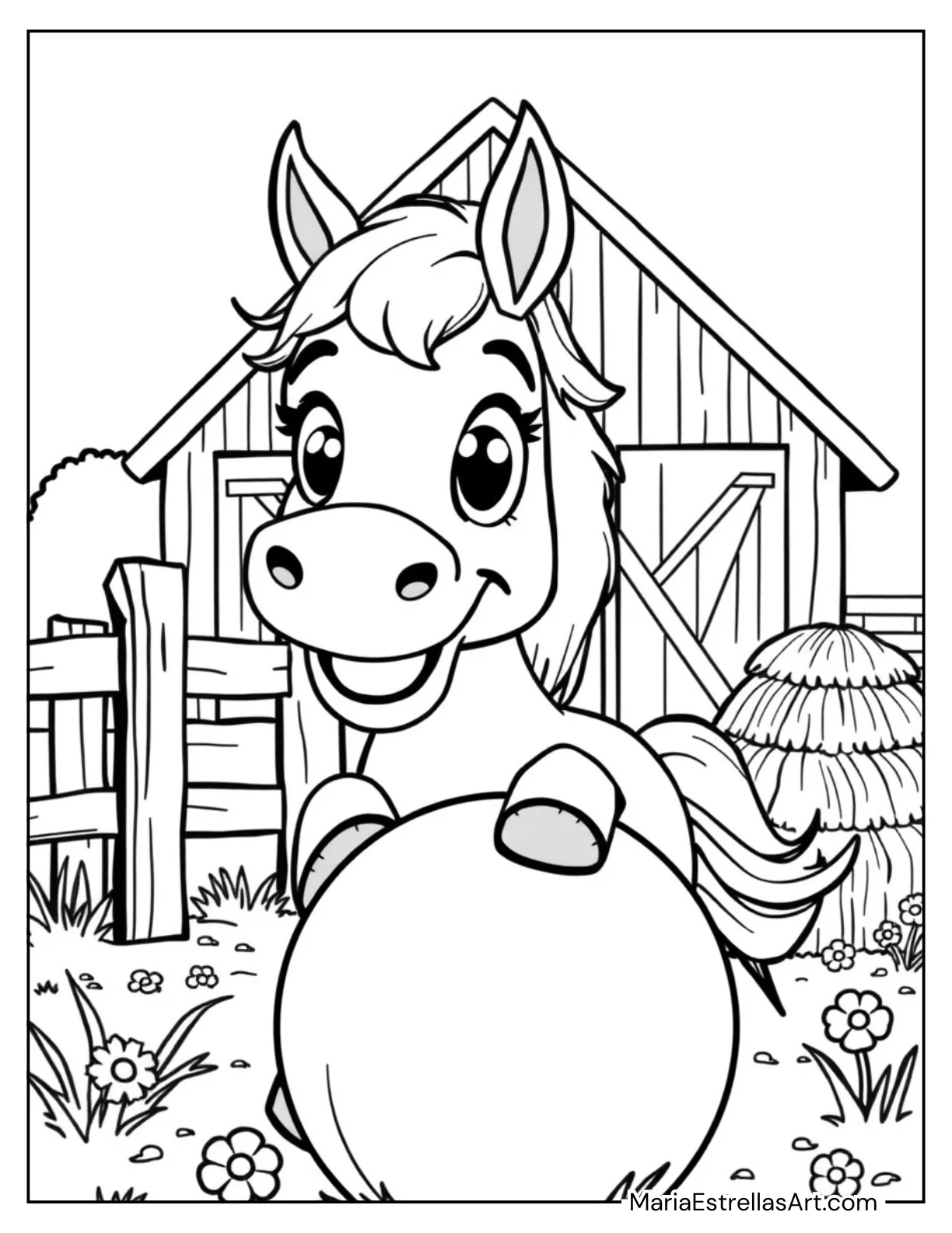 Chibi Horse Playing With a Ball in a Barnyard