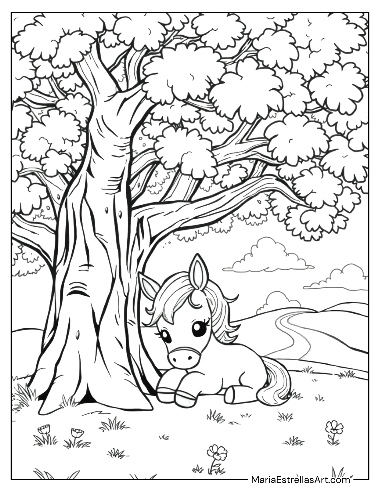 Chibi Horse Sleeping Under a Tree