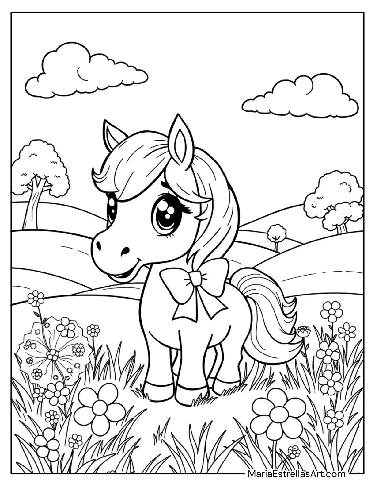 Chibi Horse With Big Eyes and a Cute Bow Coloring Sheet