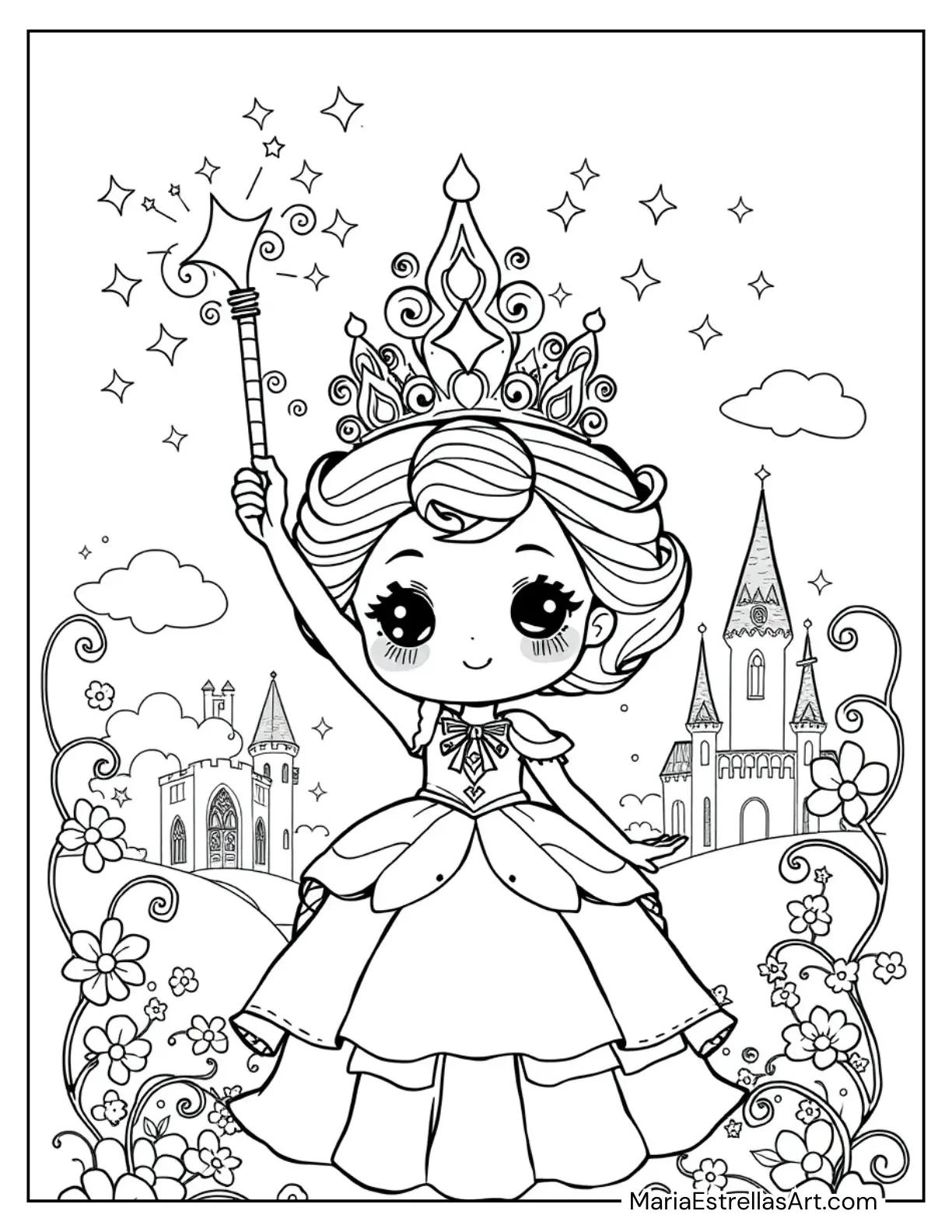 Chibi Princess Holding a Wand With Sparkling Stars to Color for Kids