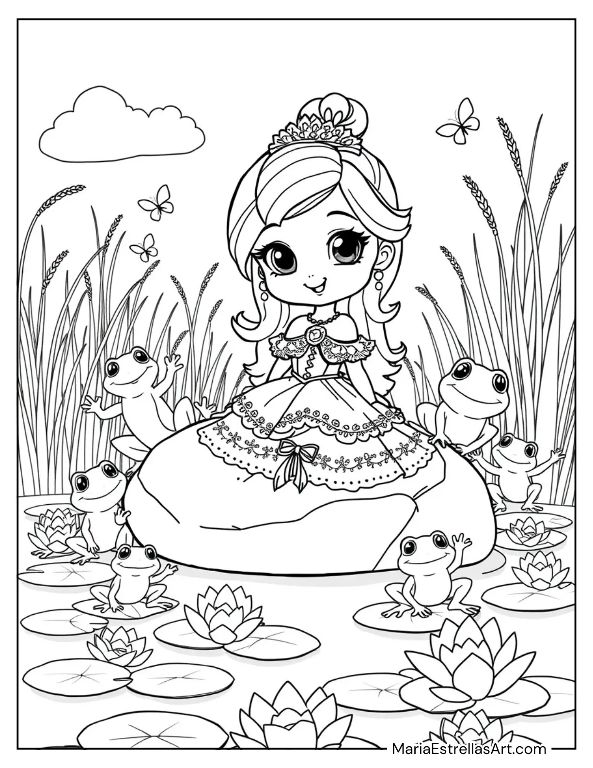 Chibi Princess Sitting by a Pond With Frogs and Lilies Coloring Sheet