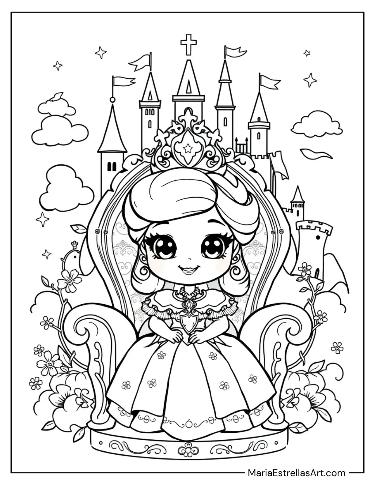 Chibi Princess Sitting on a Throne With a Crown Coloring Sheet