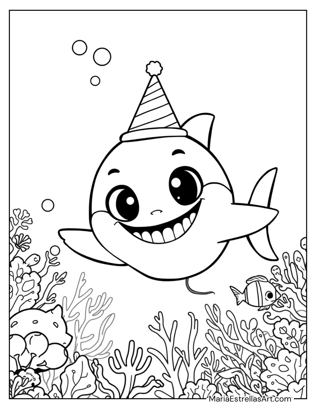 Chibi Shark With a Birthday Hat to Color for Kids