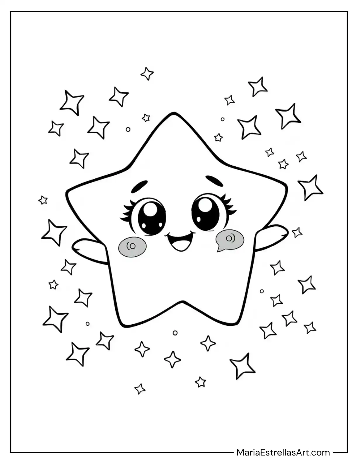 Chibi Star Surrounded by Tiny Sparkles Coloring Sheet