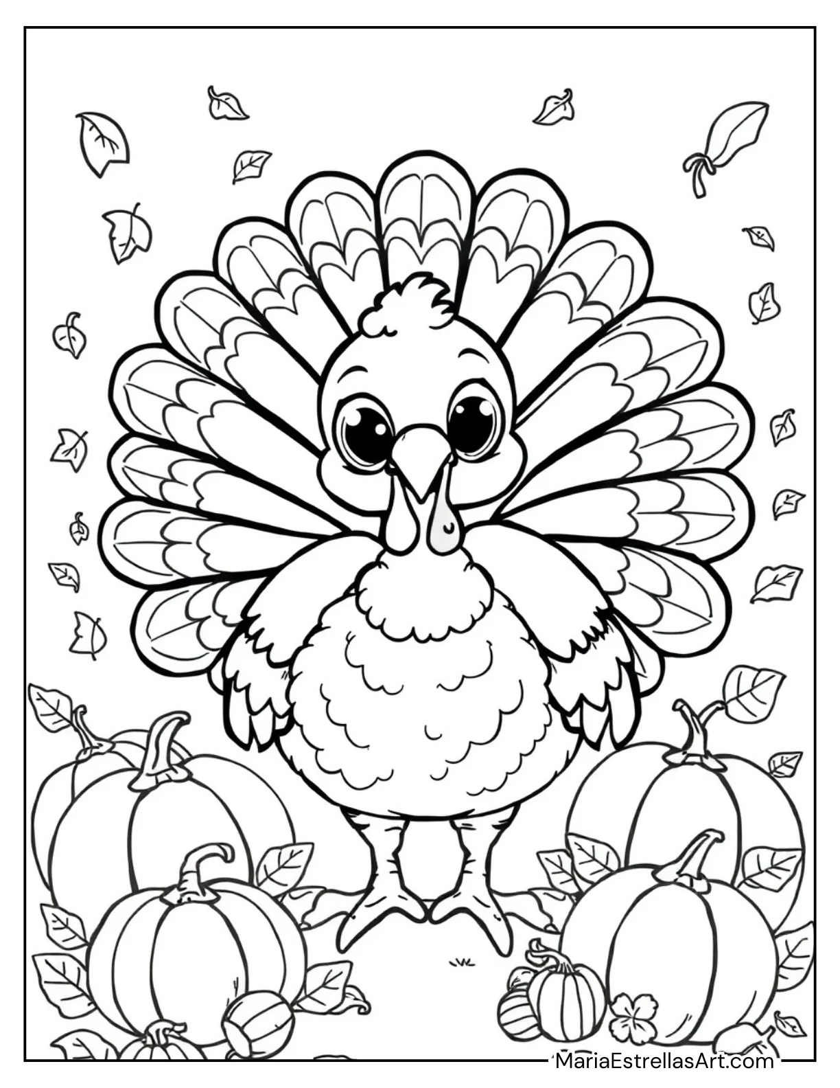 Chibi Turkey With Big Eyes and Bold Feathers Coloring Sheet