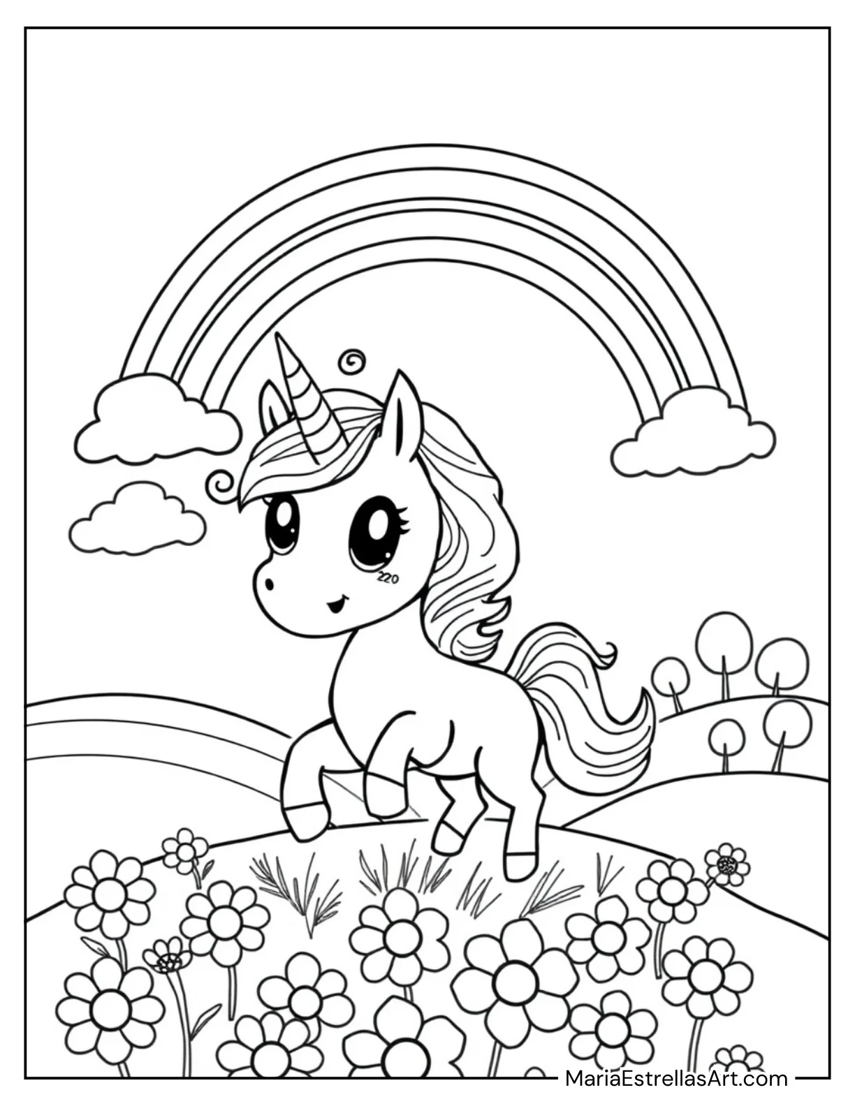 Chibi Unicorn Playing With a Rainbow Coloring Page