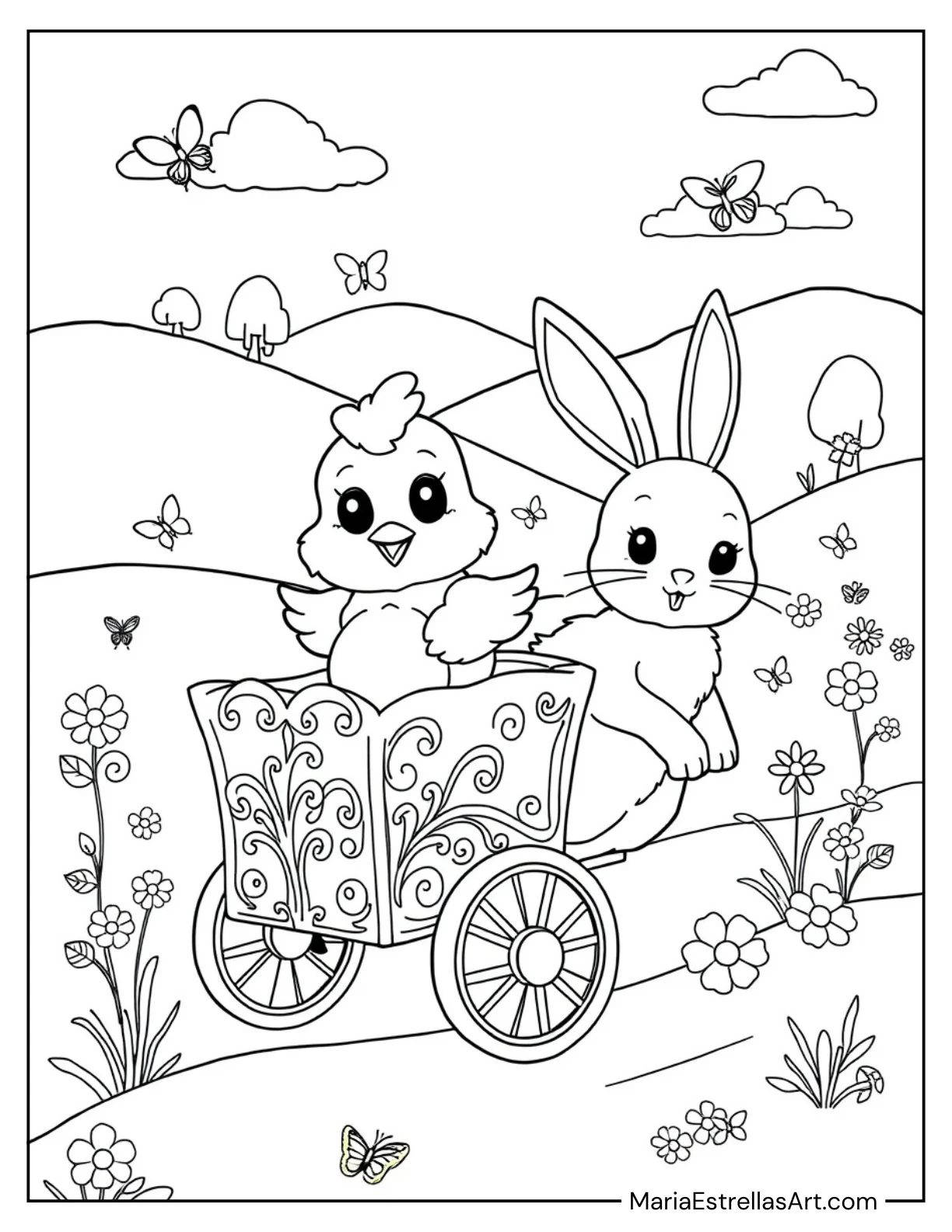 Chick Riding a Bunny Wagon Coloring Page