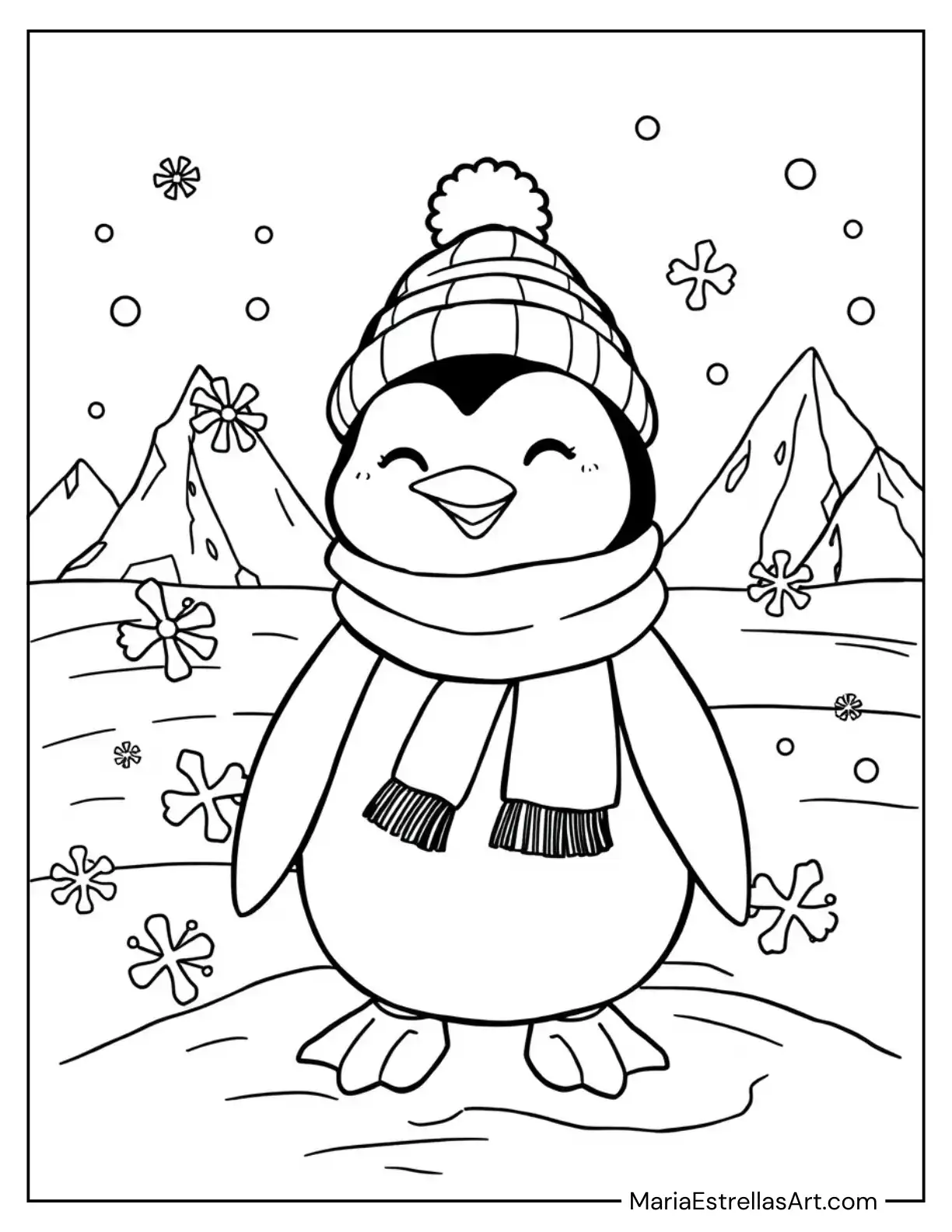 Chill Penguin Wearing a Beanie and Scarf on Ice Coloring Sheet