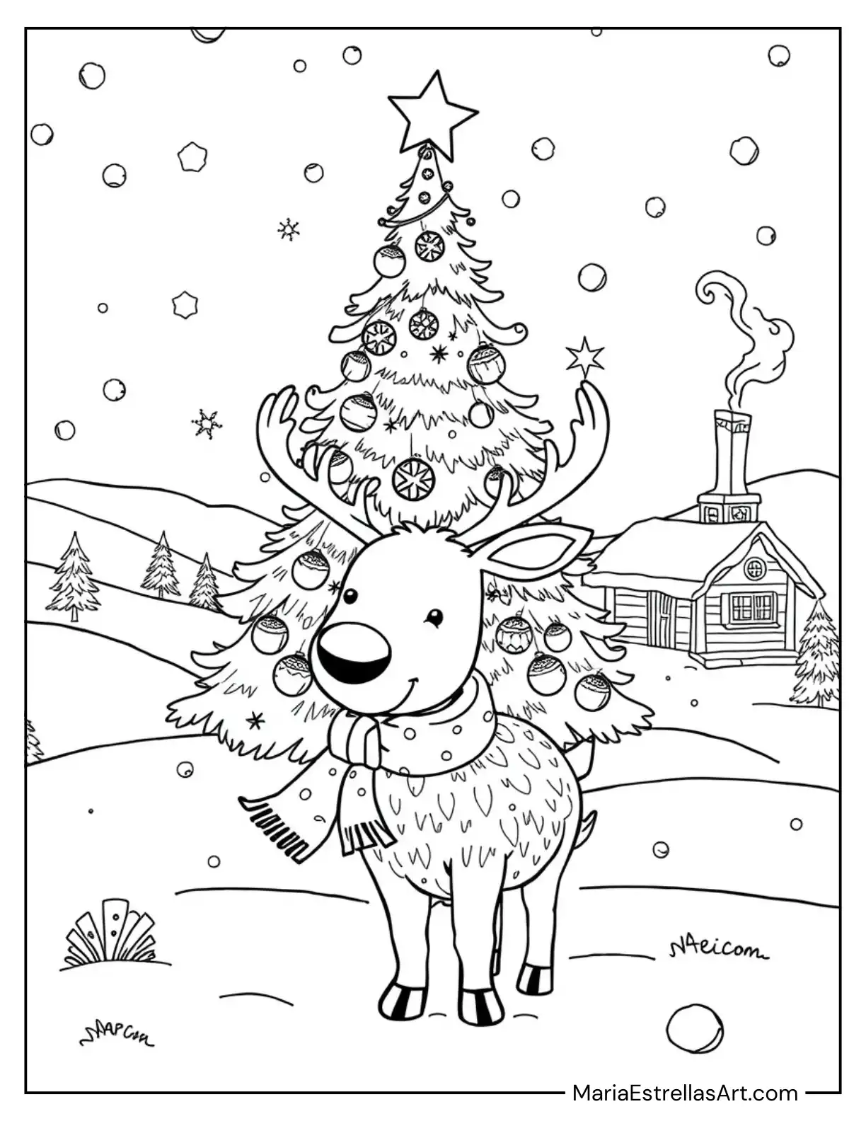 Christmas Tree and Reindeer in the Snow for Kids to Color