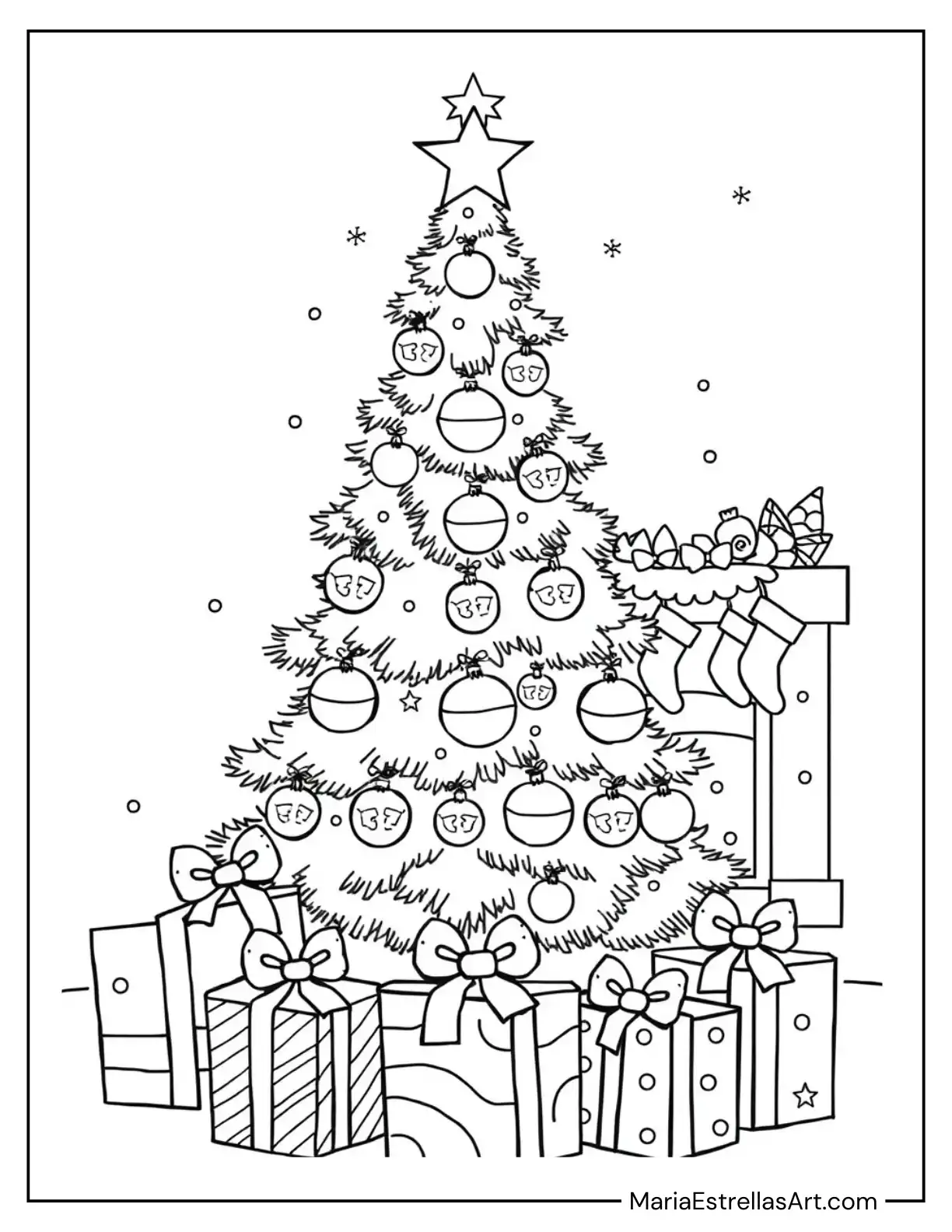 Christmas Tree with Gifts and Sparkling Ornaments For Kids to Color